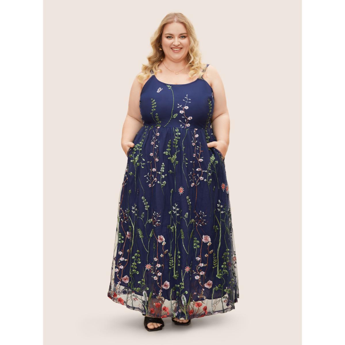 Plus Size U Neck Floral Embroidered Mesh Cami Dress DarkBlue Women Formal U-neck Sleeveless Curvy BloomChic 14-16/1X Product Image