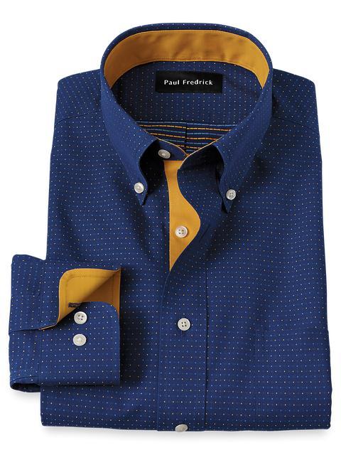 Non-Iron Cotton Dot Dress Shirt With Contrast Trim - Navy/gold Product Image