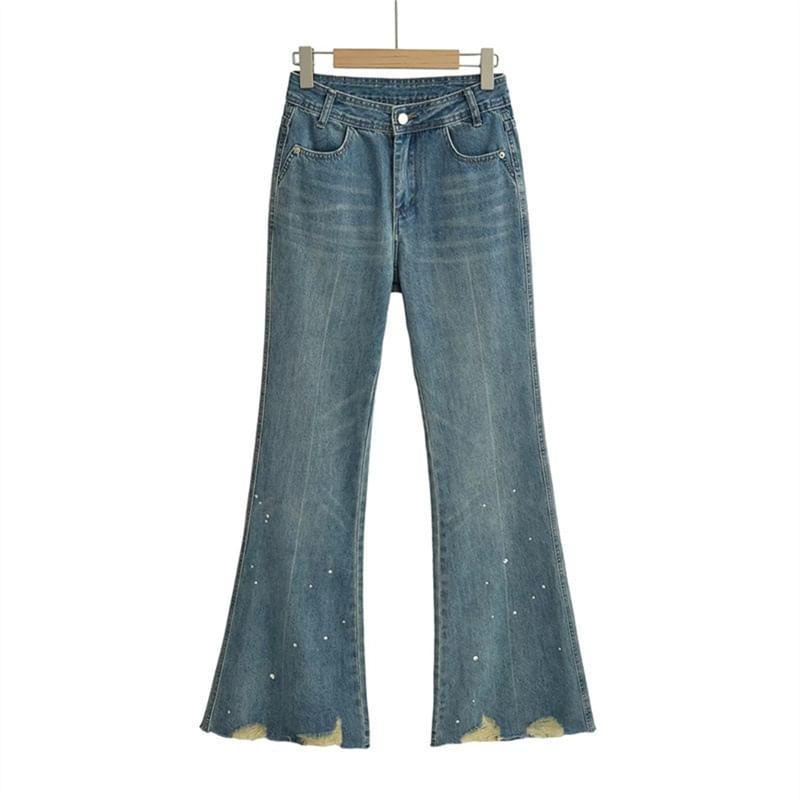 Mid Rise Washed Rhinestone Ripped Flared Jeans Product Image