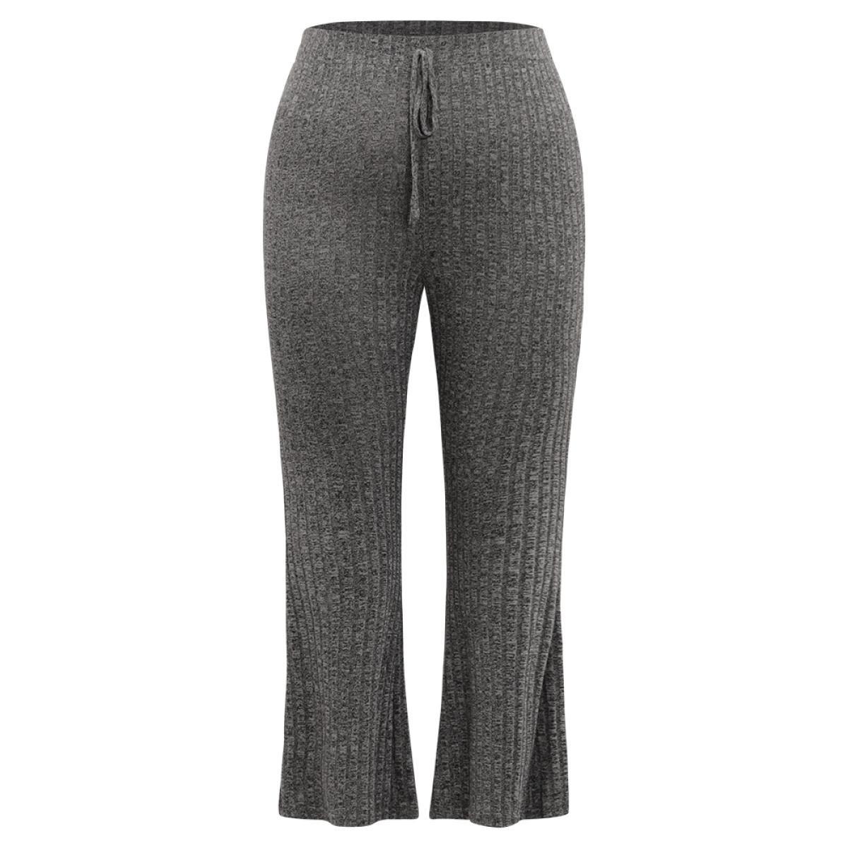 Rib Knit Bowknot Flare Leg Sweatpants Gray Plus Size Women Casual Dailywear Plain 14-16/1X Bloomchic Product Image