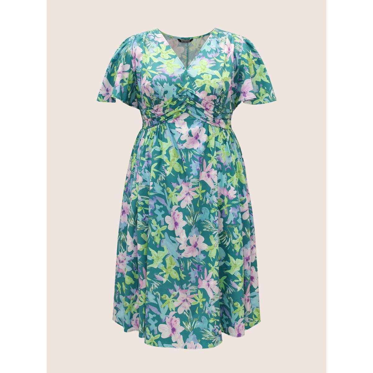 Plus Size Floral Print Pleated Ruffle Sleeve Dress Multicolor Women Elegant Pleated V-neck Short sleeve Curvy BloomChic 18-20/2X Product Image