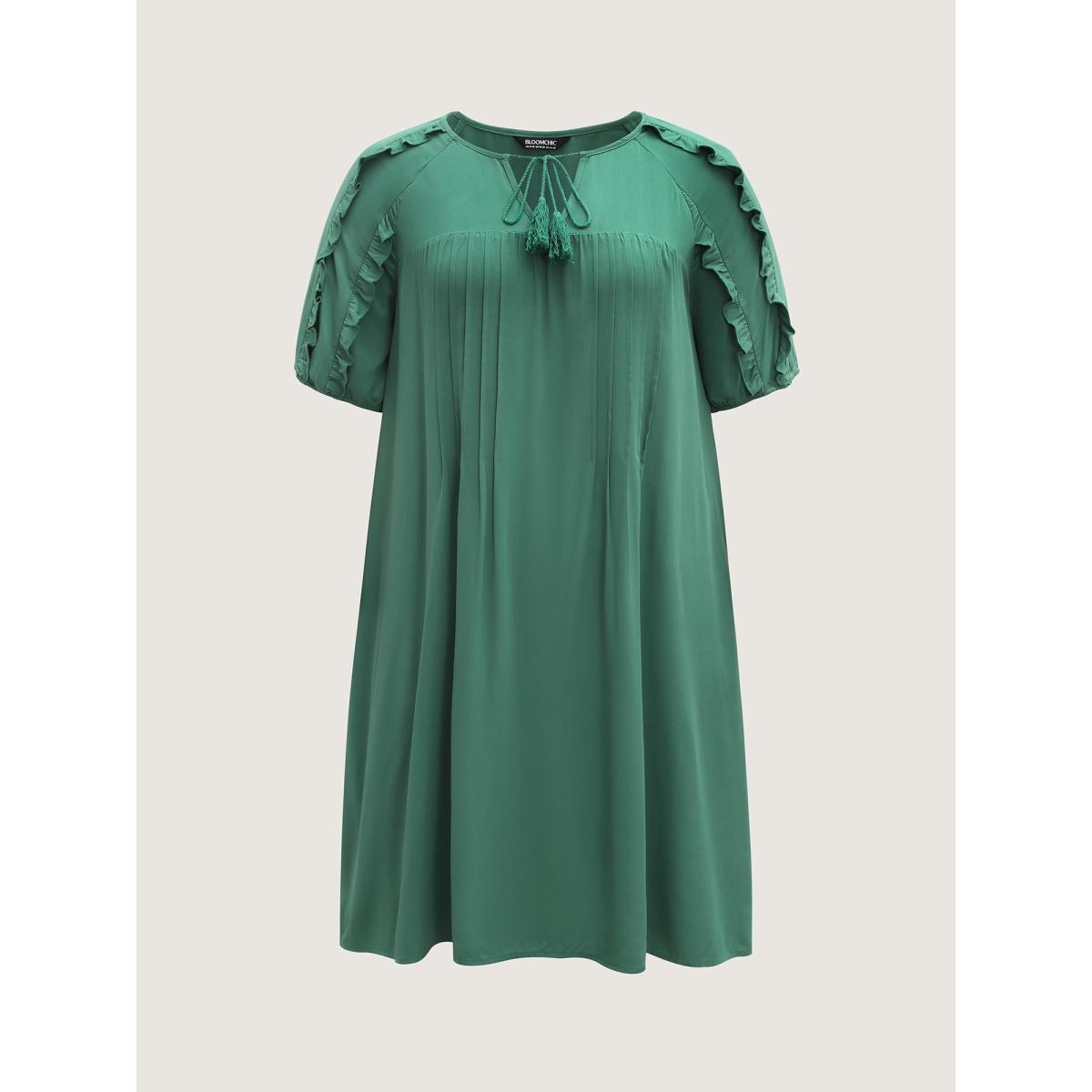Plus Size Rayon Neck-Tie Pleated Midi Dress Teal Women Notched collar Short sleeve Curvy BloomChic 28/5X Product Image