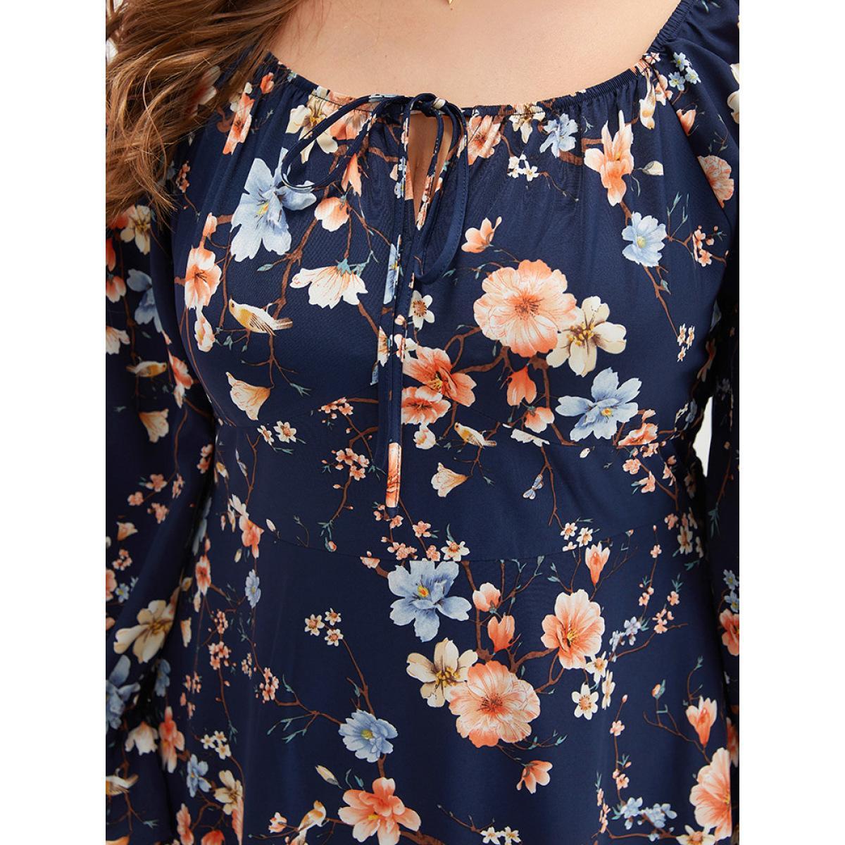 Plus Size Floral Ties Square Neck Gathered Split Hem Dress Indigo Women Elegant Elastic cuffs Square Neck Long Sleeve Curvy Midi Dress BloomChic 10/M Product Image