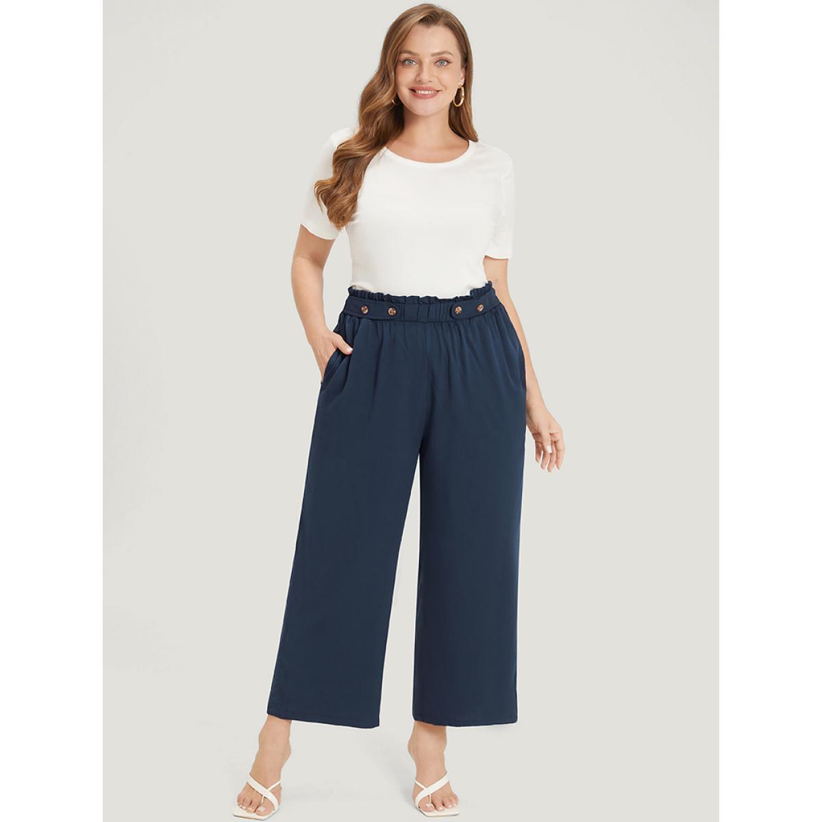 Plus Size Plain Pocket Paperbag Waist Button Detail Pants Women Indigo Elegant Straight Leg High Rise Dailywear Pants BloomChic 22-24/3X Product Image