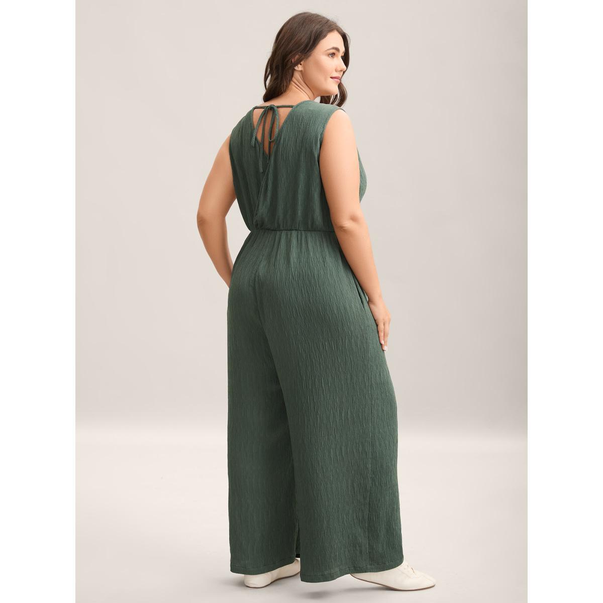 Plus Size Emerald Textured Plain Pockets Wide-Leg Jumpsuit Women Sleeveless Overlap Collar Everyday-Casual Loose Jumpsuits BloomChic 14-16/1X Product Image