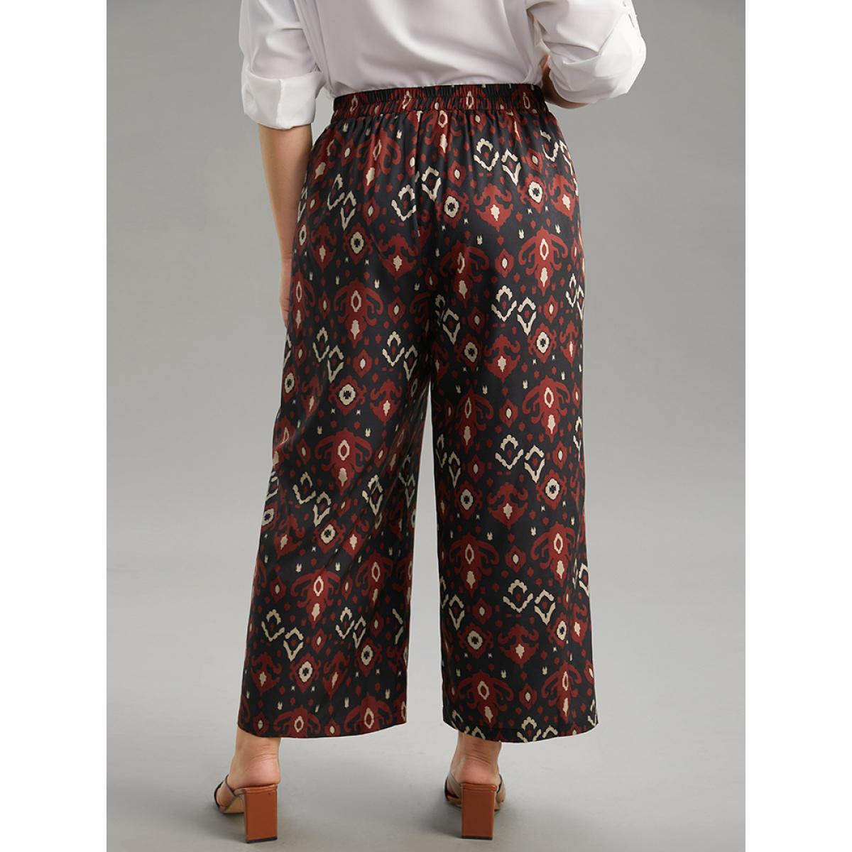 Plus Size Moroccan Print Elastic Waist Wide Leg Pants Women Black Vacation Wide Leg High Rise Dailywear Pants BloomChic 14-16/1X Product Image