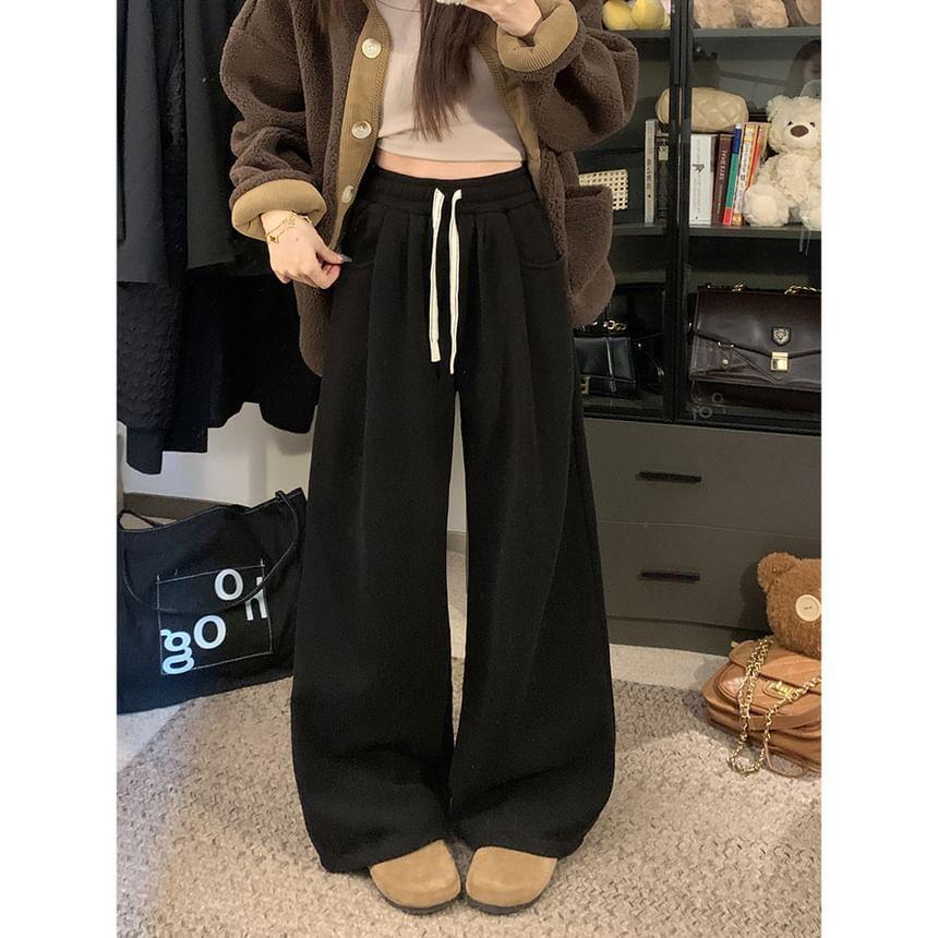 Drawstring Waist Fleece Lined Wide Leg Pants Product Image