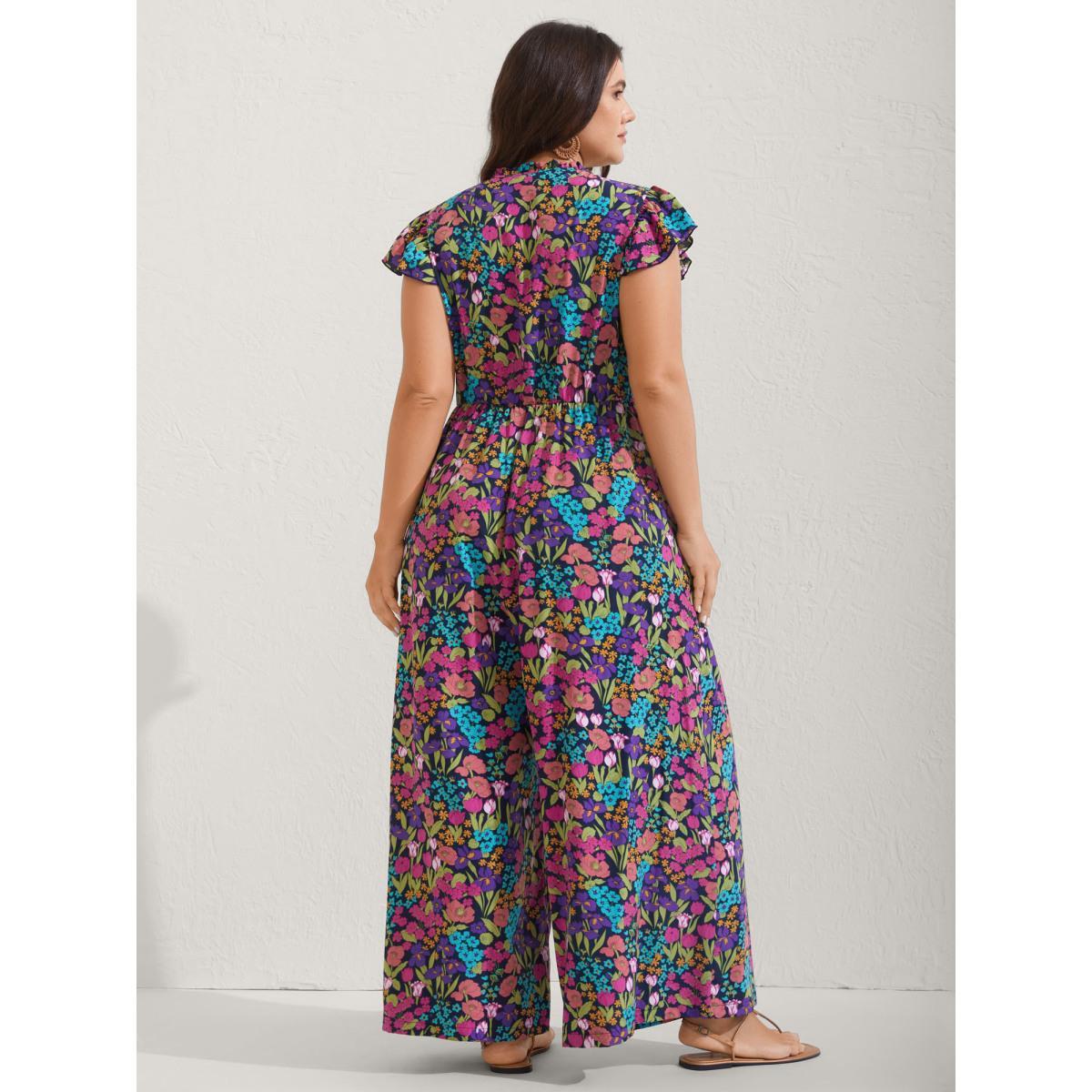 Plus Size Midnight Sunkissed Floral Print Button Wide-Leg Jumpsuit Women Cap Sleeve Notched collar Vacation Loose Jumpsuits BloomChic 26/4X Product Image