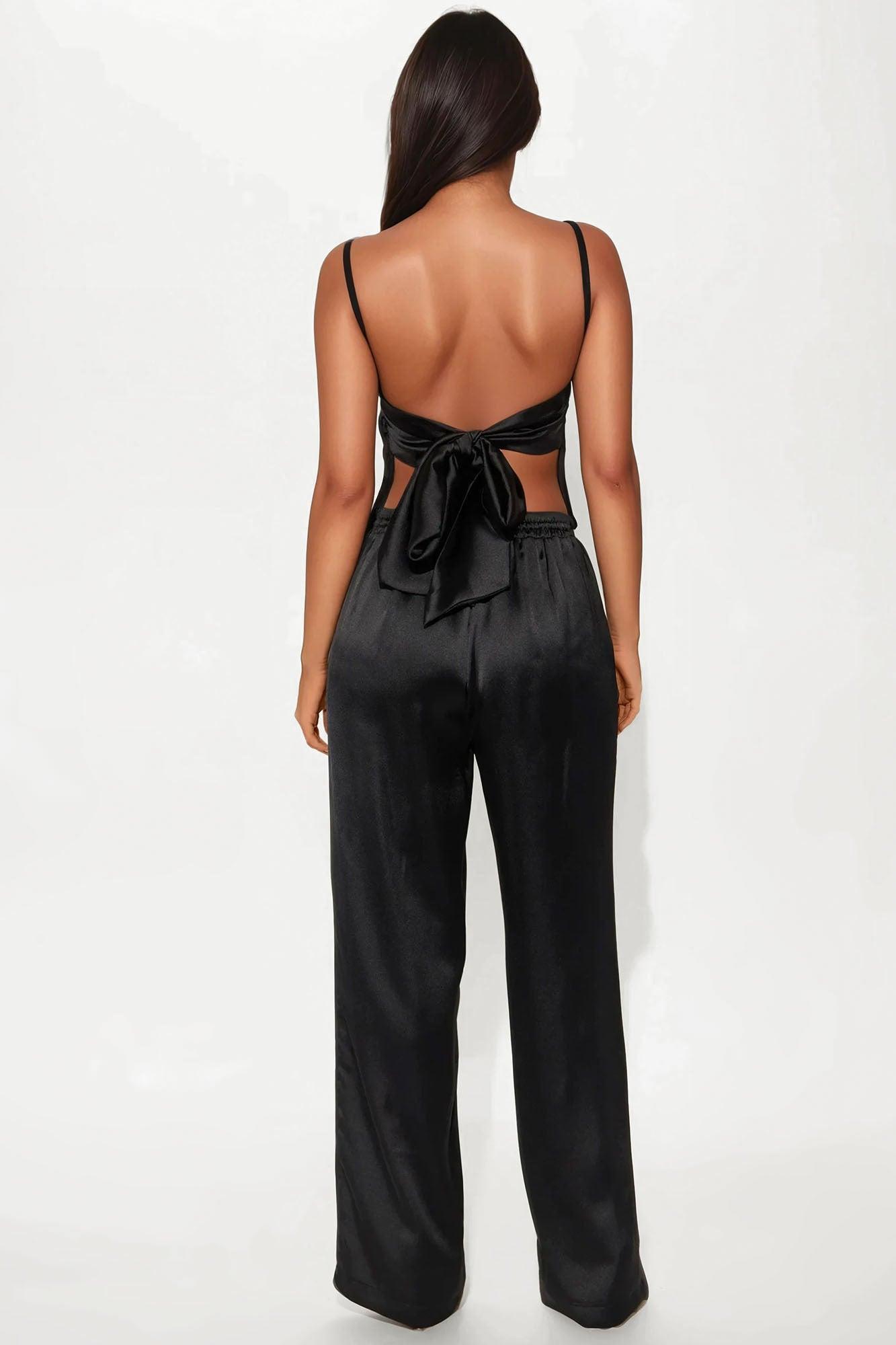 Take A Look Satin Wide Leg Pant Set - Black Product Image