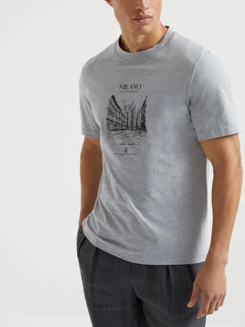 BRUNELLO CUCINELLI Cotton Milano Graphic Print T-shirt In Gray Product Image