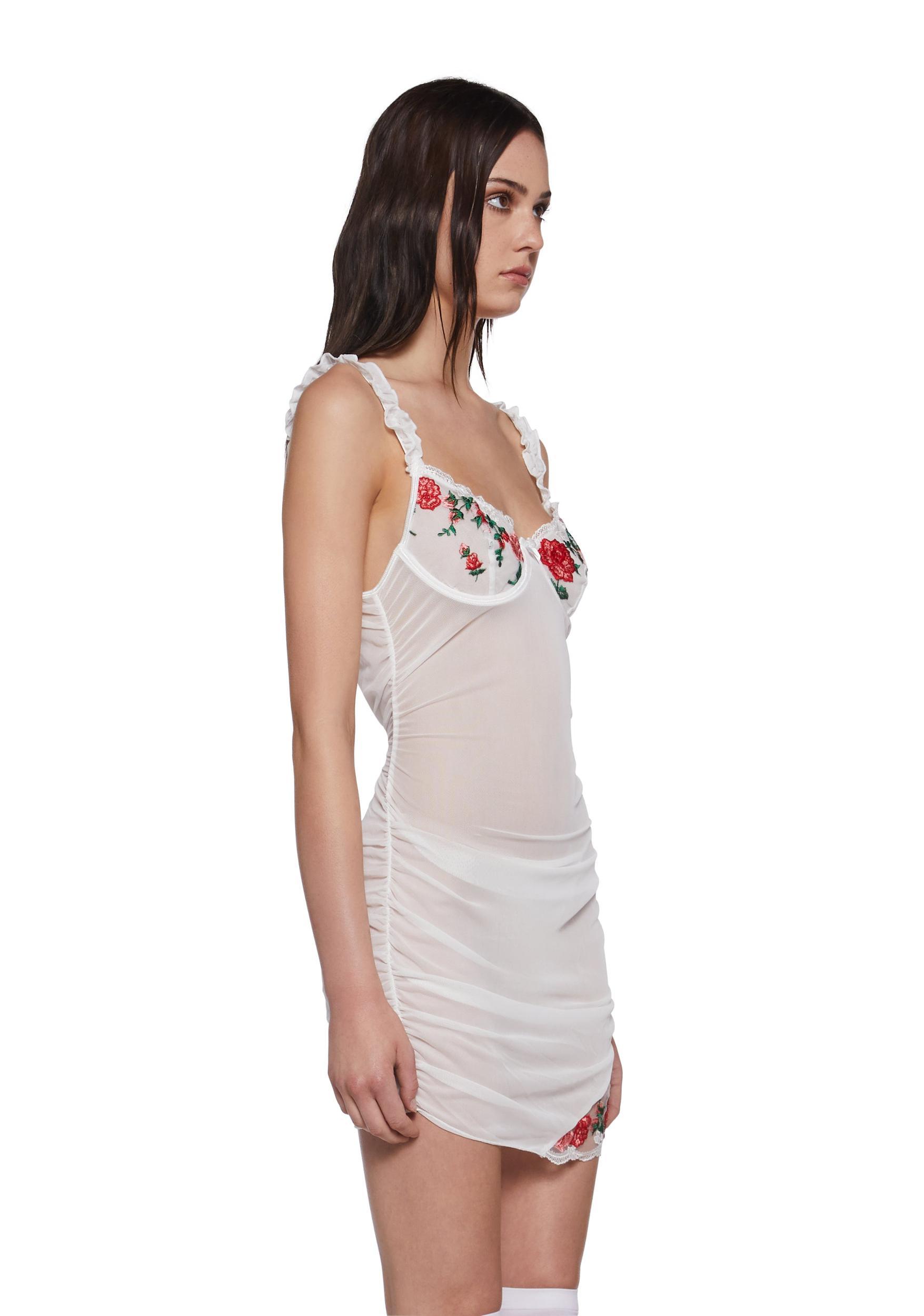 Womens Sexy Embroidered Rose Mesh Lingerie Set - White Product Image