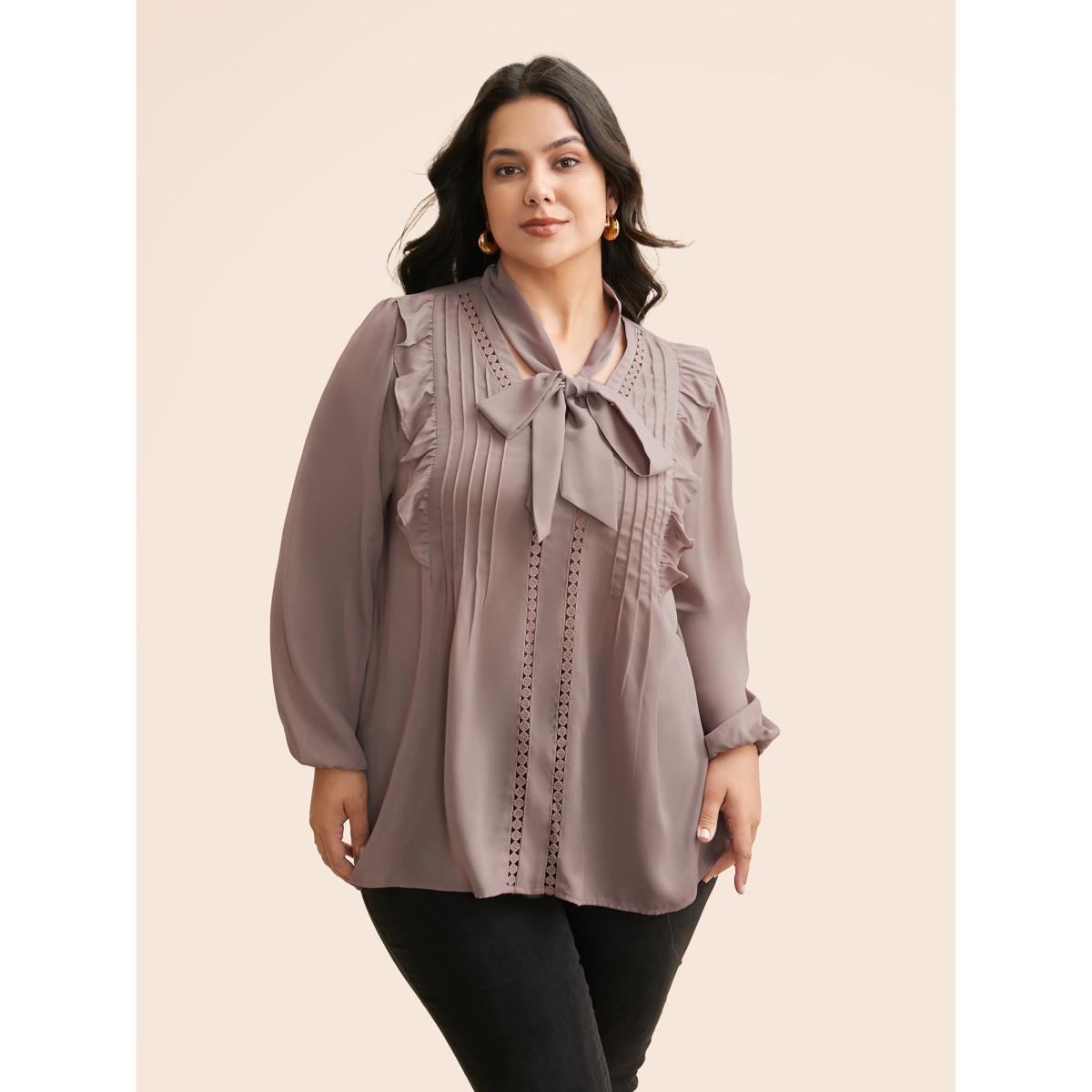 Plus Size Dirtypink Ribbon Tied Collar Ruffles Lantern Sleeve Blouse Women Elegant Long Sleeve Ribbon-tied collar Everyday Blouses BloomChic 30/6X Product Image