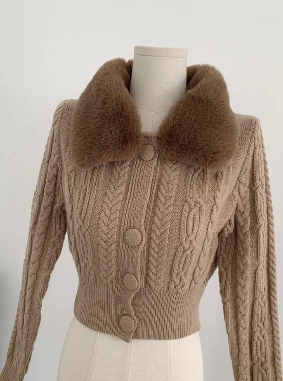 Long Sleeve Detachable Faux Fur Collar Plain Cable-Knit Slim-Fit Cardigan Product Image