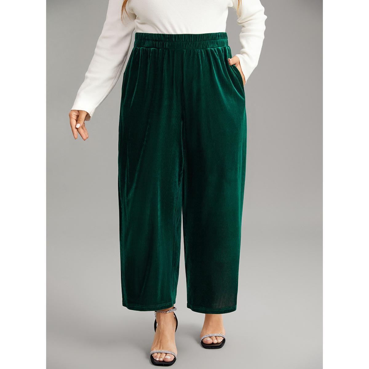 Plus Size Solid Textured Velvet Elastic Waist Gathered Pants Women DarkGreen Glamour Wide Leg High Rise Going out Pants BloomChic 28/5X Product Image
