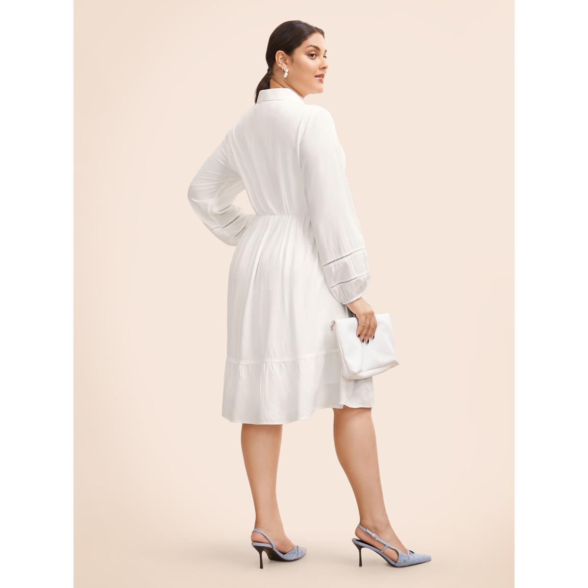 Plus Size Shirt Collar Button Detail Woven Ribbon Dress Originalwhite Women Workwear Essentials Woven ribbon&lace trim Shirt collar Long Sleeve Curvy BloomChic 30/6X Product Image