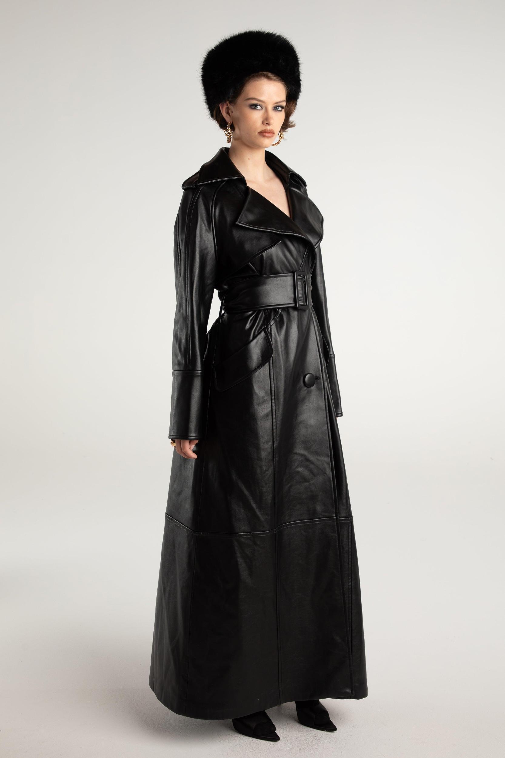 Cara Leather Trench Coat (Black) (Final Sale) Product Image