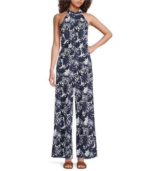 Southern Tide Karrigan Tropical Grand Palms Printed Halter Neck Sleeveless Performance Jumpsuit Product Image