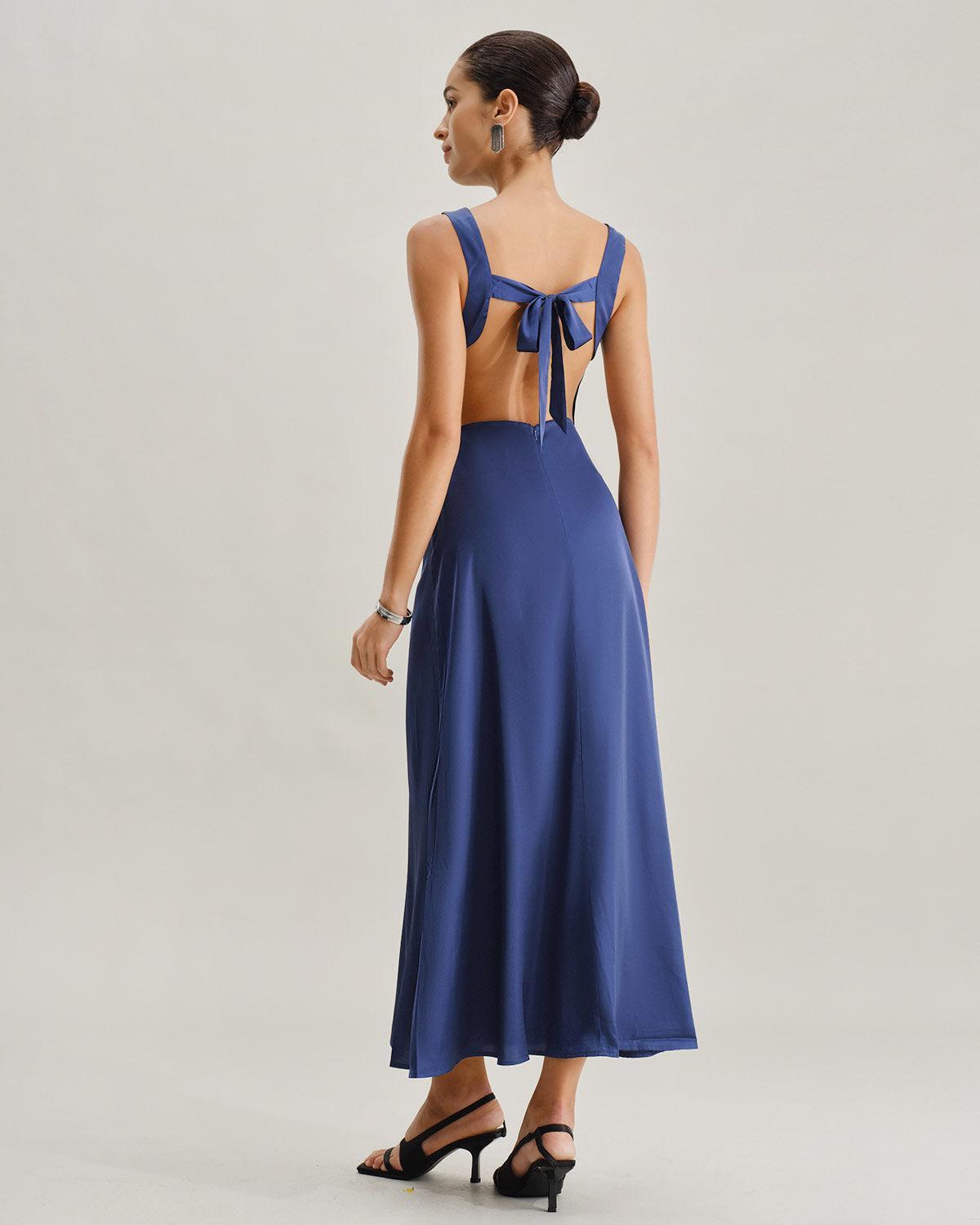 Navy Cowl Neck Satin Sleeveless Maxi Dress Product Image