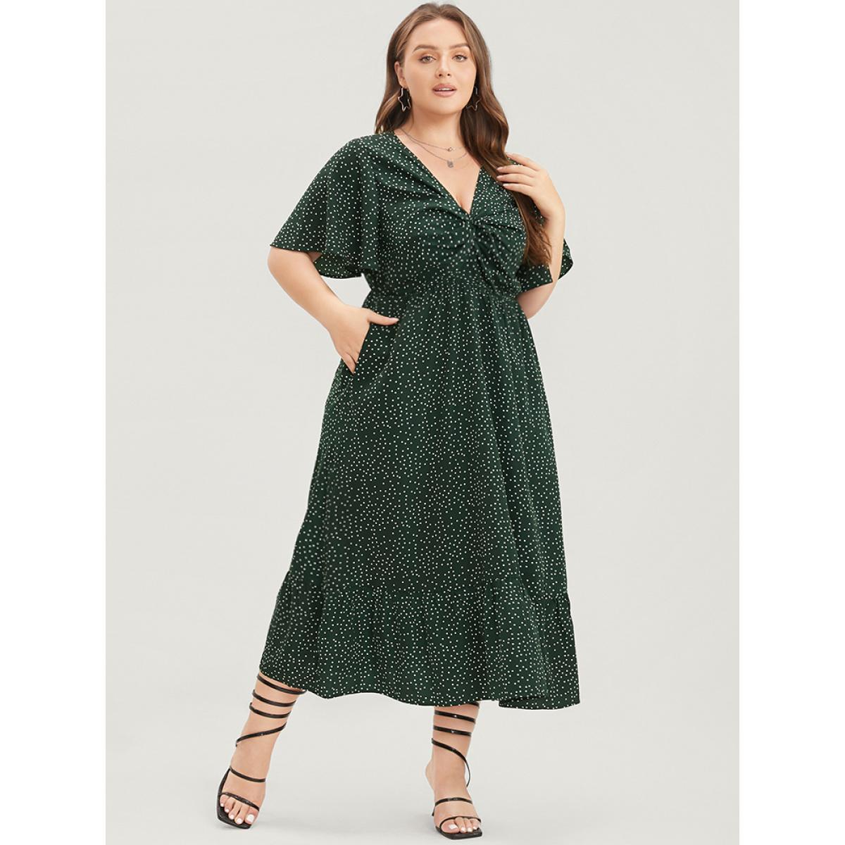 Plus Size Polka Dot Twist Front Pocket Flutter Hem Dress DarkGreen Women Elegant Pocket V-neck Short sleeve Curvy Midi Dress BloomChic 12/L Product Image
