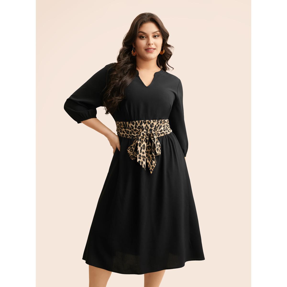 Plus Size Notched Collar Leopard Print Patchwork Dress Black Women Elegant Tie knot Notched collar Elbow-length sleeve Curvy BloomChic 30/6X Product Image