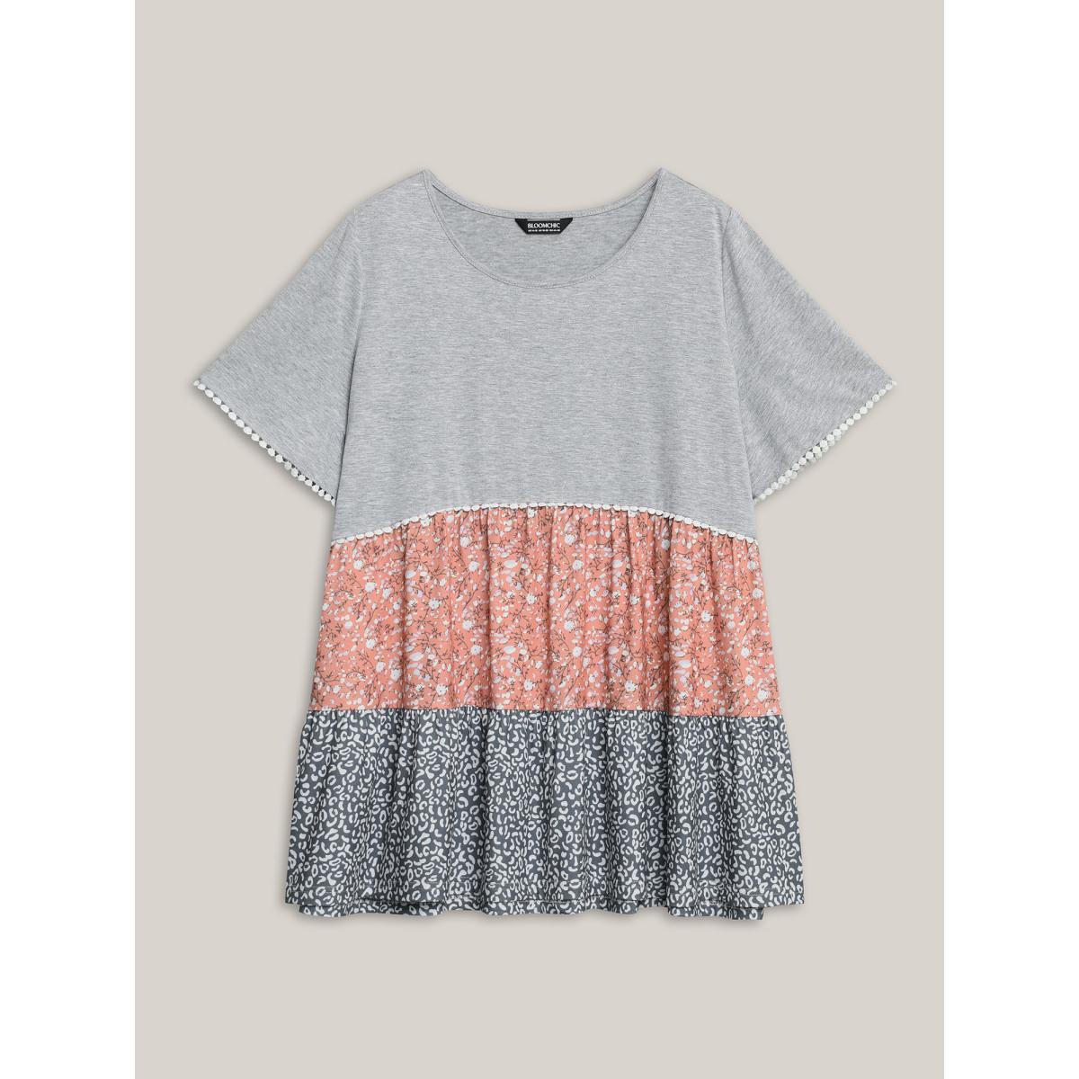 Plus Size Ditsy Floral Print Patchwork Layered T-Shirt Multicolor Women Woven ribbon&lace trim Natural Flowers Round Neck Everyday-Casual T-shirts BloomChic 12/L Product Image