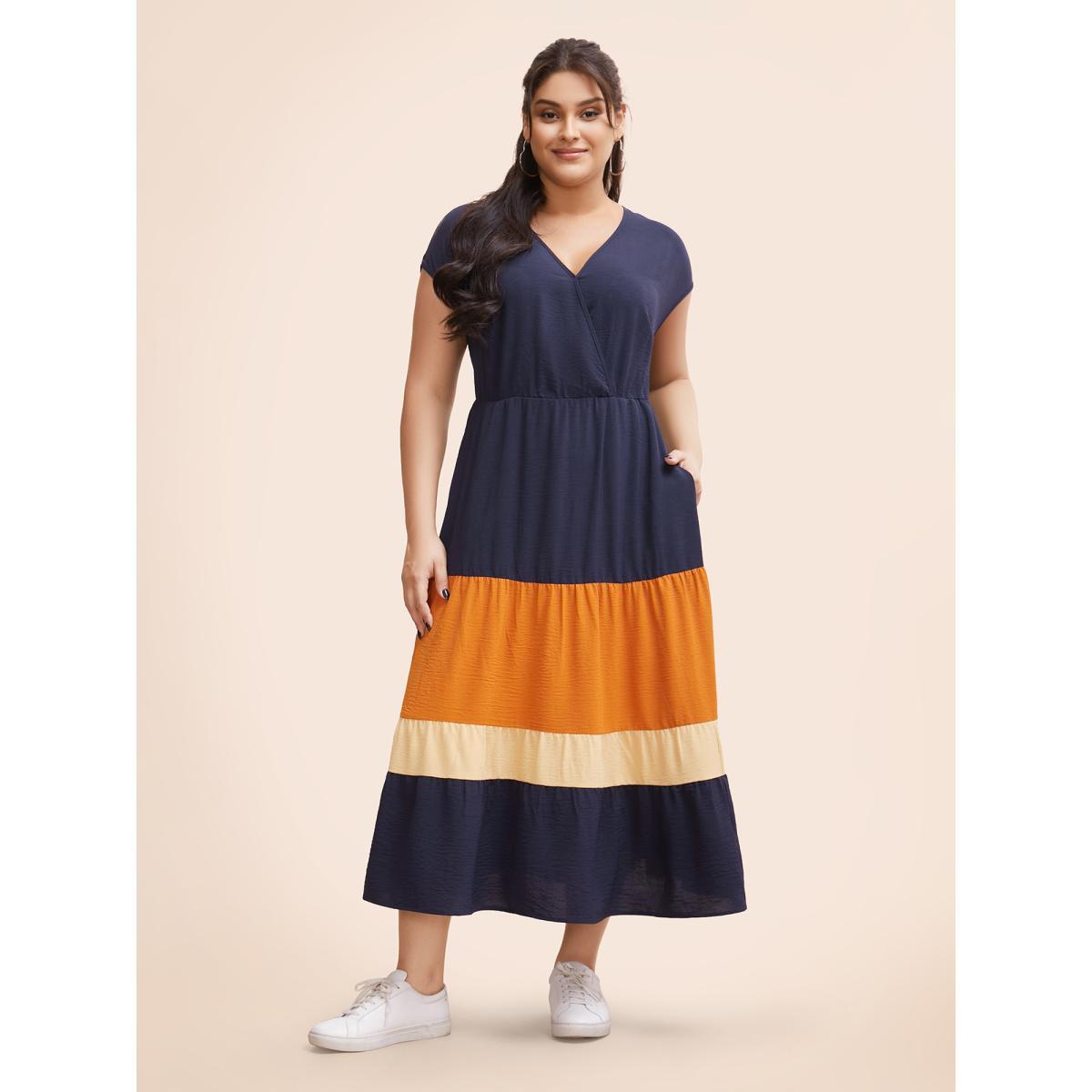 Plus Size Colorblock Contrast Pocket Wrap Flutter Tiered Tank Dress DarkBlue Women Casual Wrap V-neck Cap Sleeve Curvy Midi Dress BloomChic 26/4X Product Image
