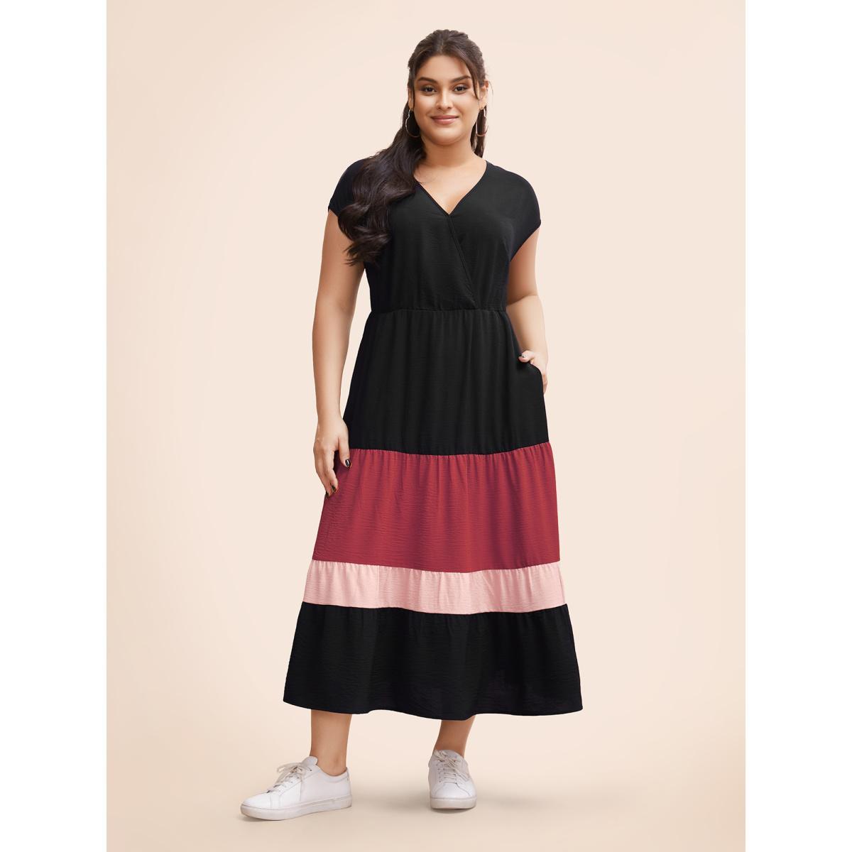 Plus Size Colorblock Contrast Pocket Wrap Flutter Tiered Tank Dress Black Women Casual Wrap V-neck Cap Sleeve Curvy Midi Dress BloomChic 14-16/1X Product Image