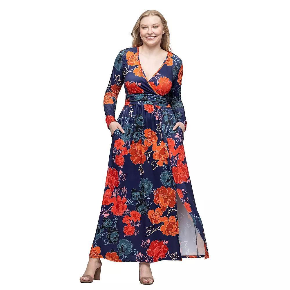 Women's 24Seven Comfort Apparel Floral Print Long Sleeve Side Slit Maxi Dress, Size: Small, Blue Team Product Image