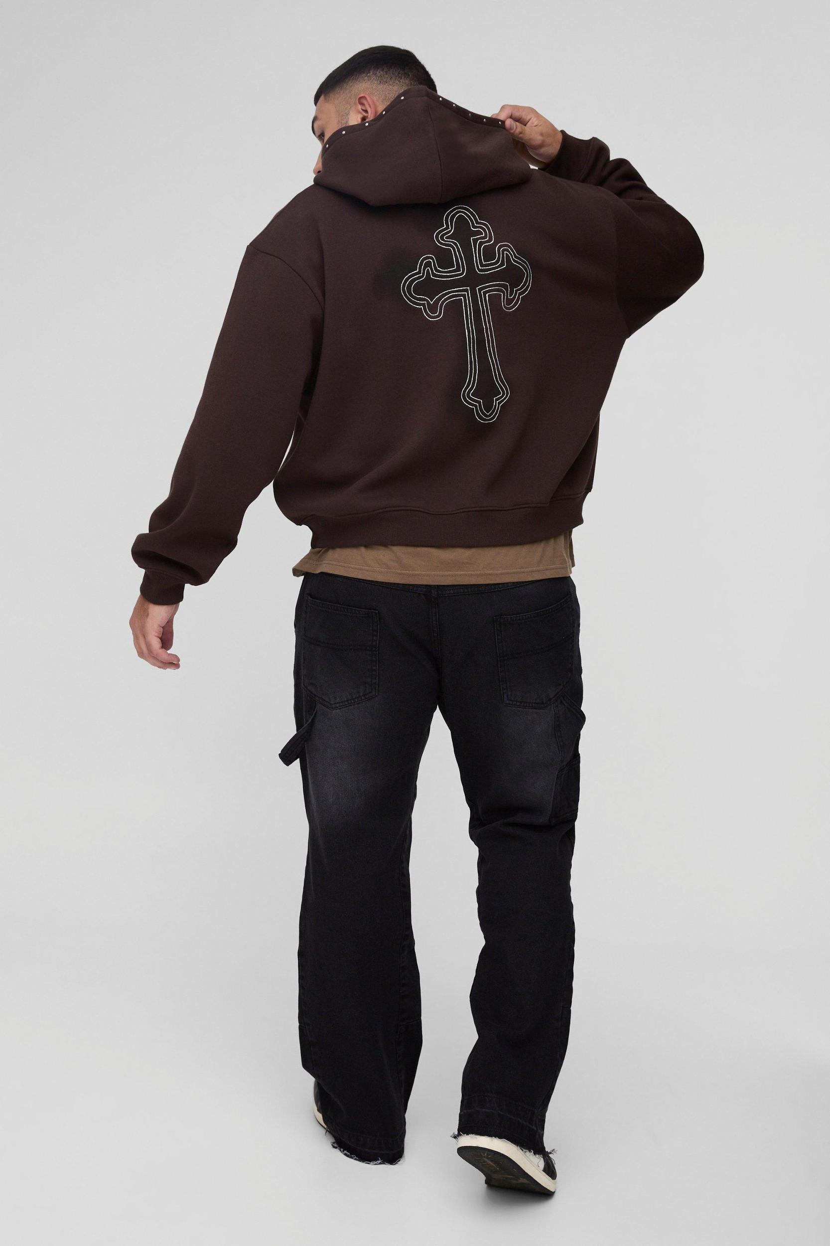 Plus Oversized Boxy Cross Embroidered Zip Through Hoodie | boohooMAN USA Product Image