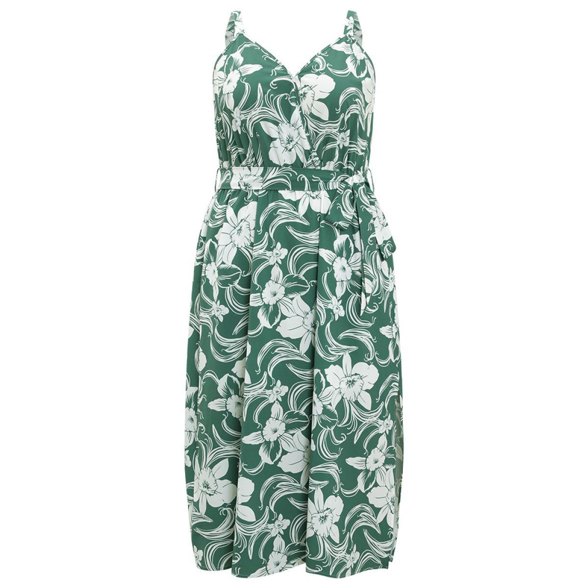 Plus Size Floral Split Flutter Hem Wrap Pocket Belted Cami Dress Green Women Elegant Adjustable Straps V-neck Sleeveless Curvy Midi Dress BloomChic 22-24/3X Product Image