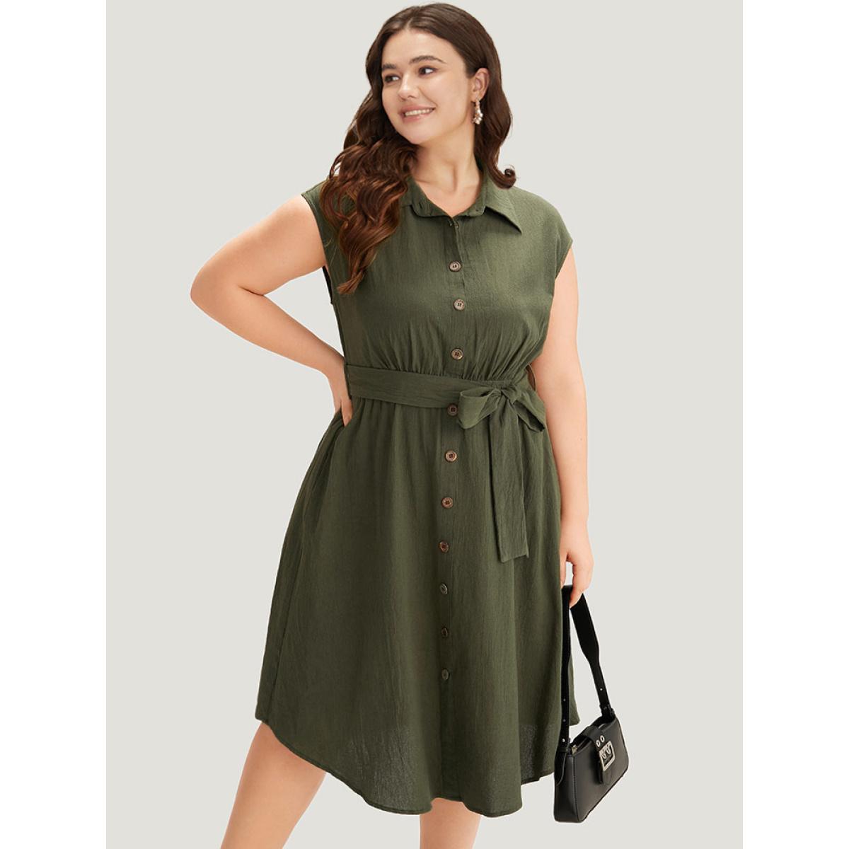 Plus Size Solid Shirt Collar Belted Button Up Tank Dress ArmyGreen Women Office Plain Shirt collar Sleeveless Curvy Knee Dress BloomChic 18-20/2X Product Image