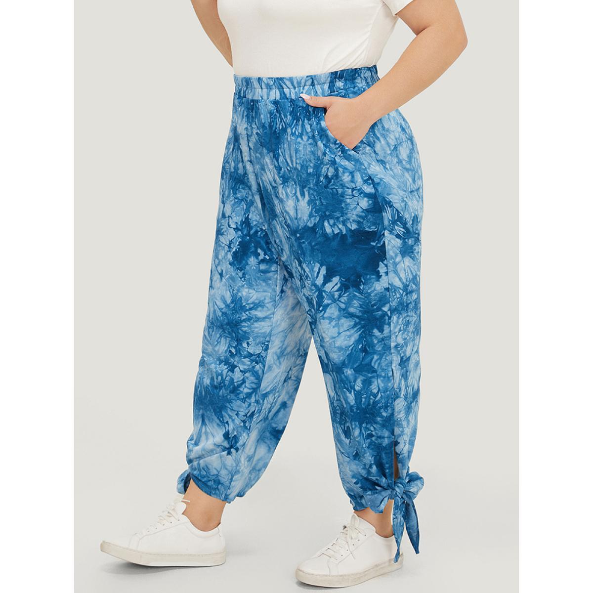 Plus Size Tie Dye Pocket Cut Out Knotted Hem Pants Women Blue Casual Mid Rise Dailywear Pants BloomChic 14-16/1X Product Image