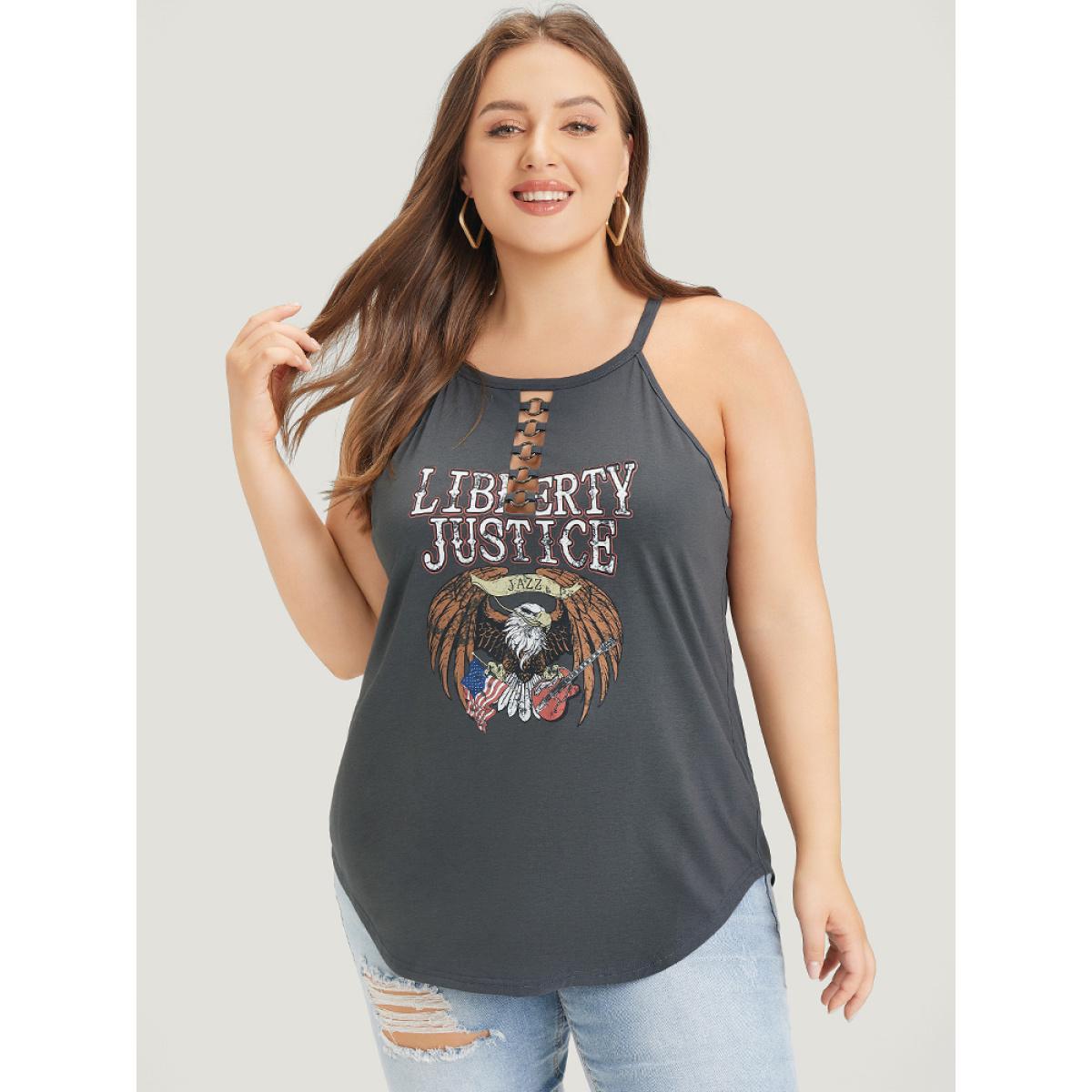 Plus Size Eagle & Letter Print Halter Metal Detail Cut Out Cami Top Women DimGray Casual Arc Hem Dailywear Tank Tops Camis BloomChic 10/M Product Image