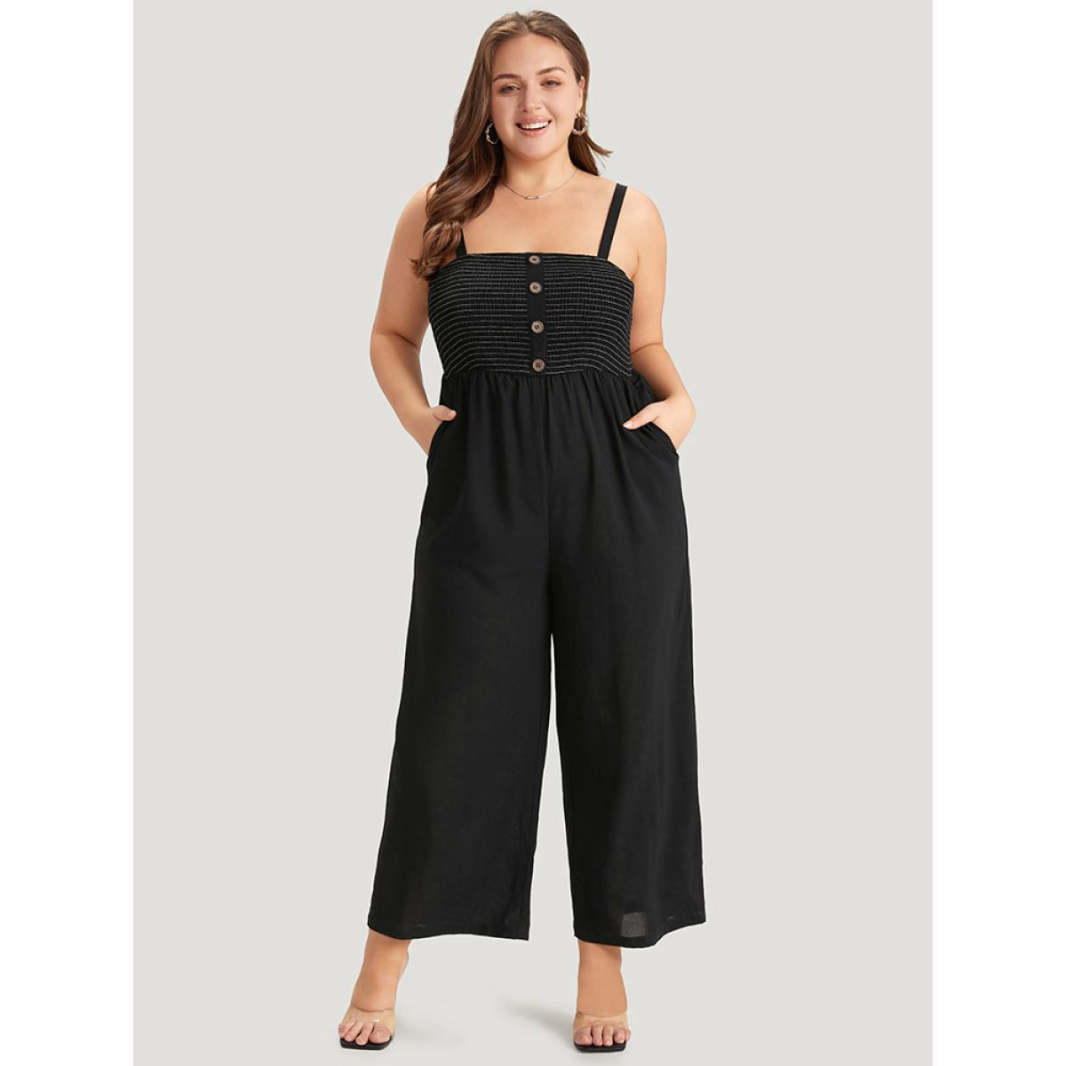 Plus Size Black Striped Patchwork Pocket Button Detail Shirred Cami Jumpsuit Women Casual Sleeveless Spaghetti Strap Dailywear Loose Jumpsuits BloomChic 18-20/2X Product Image