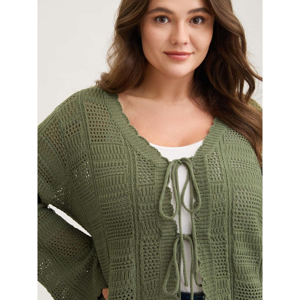 Plus Size Crochet Textured Front-Tie Knit Cardigan Sage Women Loose Long Sleeve Everyday-Casual Cardigans BloomChic 30/6X Product Image