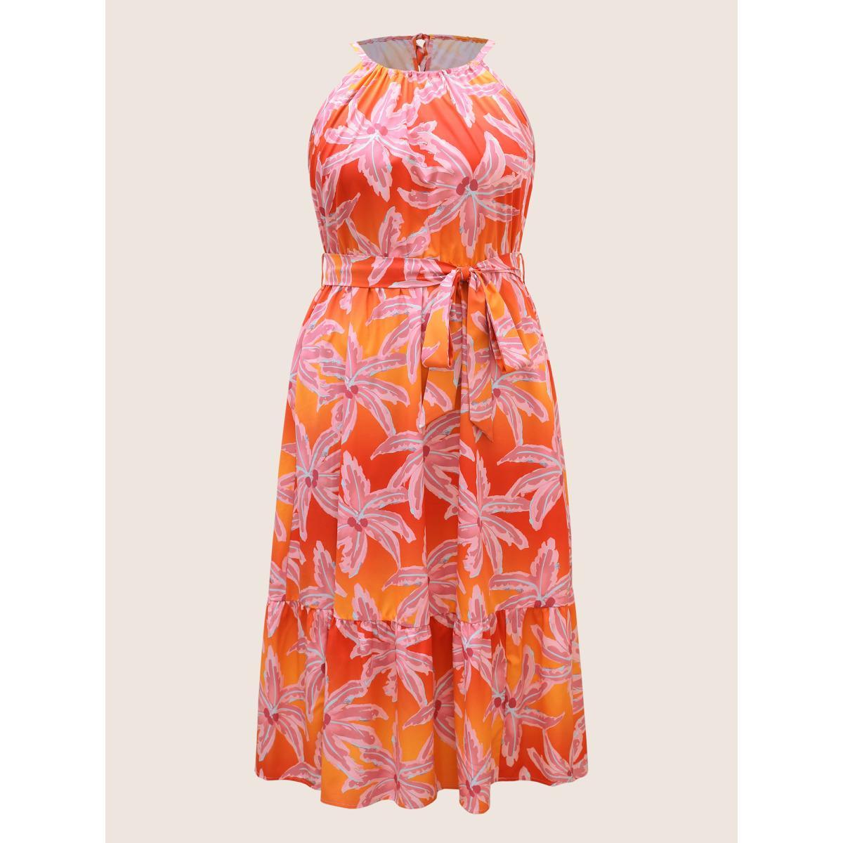 Plus Size Tropical Hand Painted Halter Belt Gathered Dress Pink Women Resort Gathered Halter neck Sleeveless Curvy BloomChic 10/M Product Image