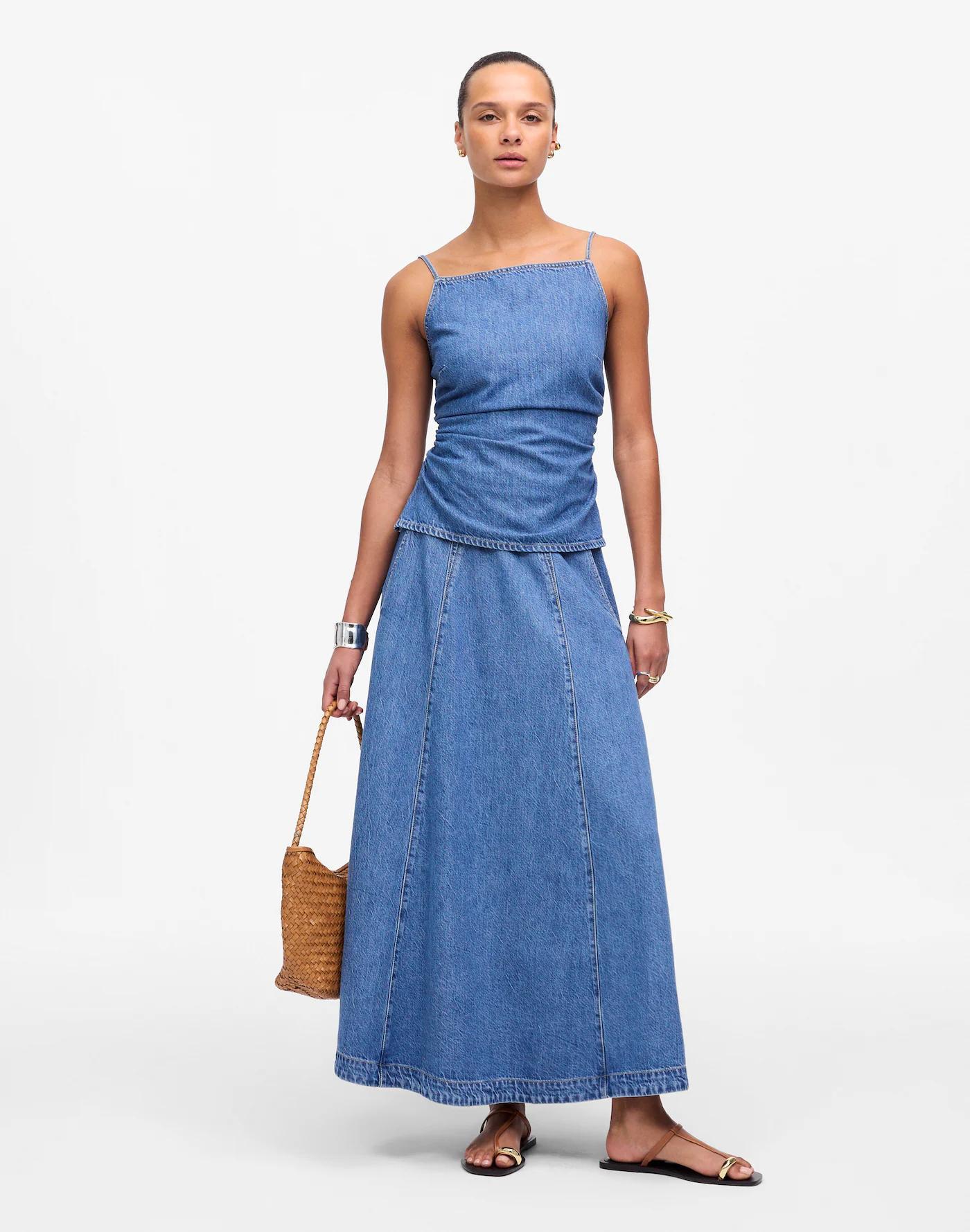 Ruched Squareneck Tank in Robertson Wash: Airy Denim Edition Product Image