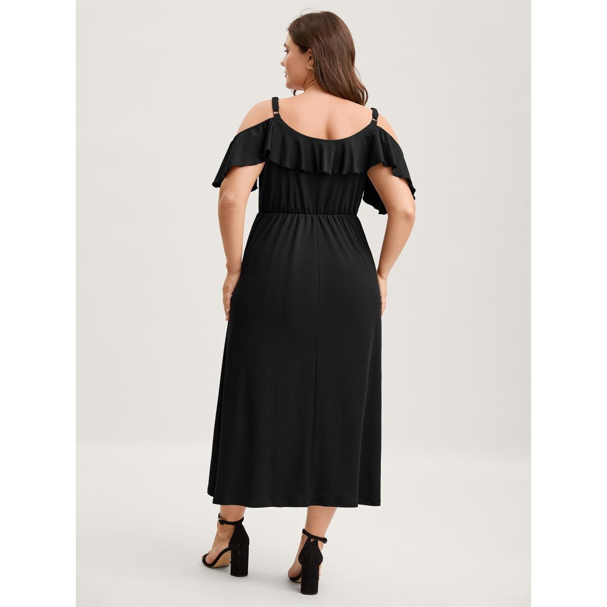 Plus Size Pleated Ruffled Off-Shoulder Midi Dress Black Women One-shoulder neck Short sleeve Curvy BloomChic 12/L Product Image
