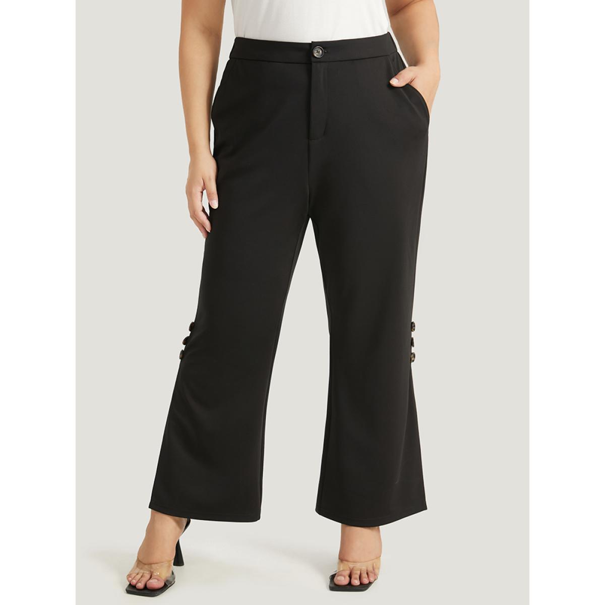 Plus Size Plain Button Detail Elastic Waist Mesh Patchwork Pants Women Black Elegant Bootcut High Rise Dailywear Pants BloomChic 10/M Product Image