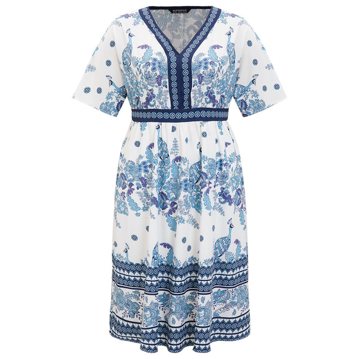 Plus Size Bandana Print Ruffles Pocket Batwing Sleeve Dress Indigo Women Vacation Lined V-neck Half Sleeve Curvy Midi Dress BloomChic 22-24/3X Product Image