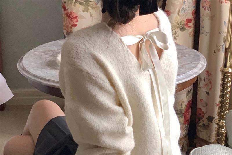 V-Neck Plain Bow Sweater Product Image