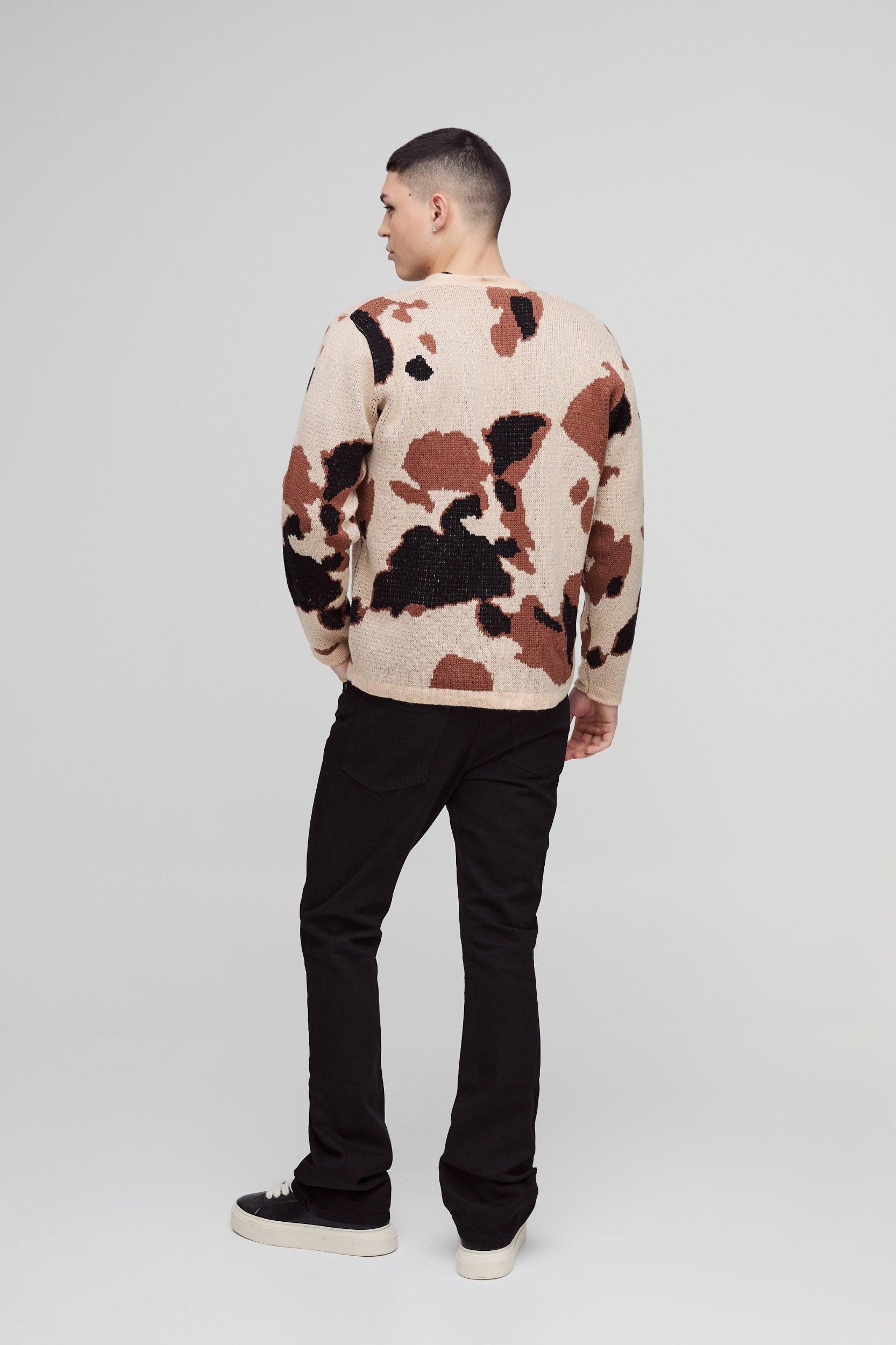 Relaxed Fit Brushed Cow Print Knitted Cardigan | boohooMAN USA Product Image