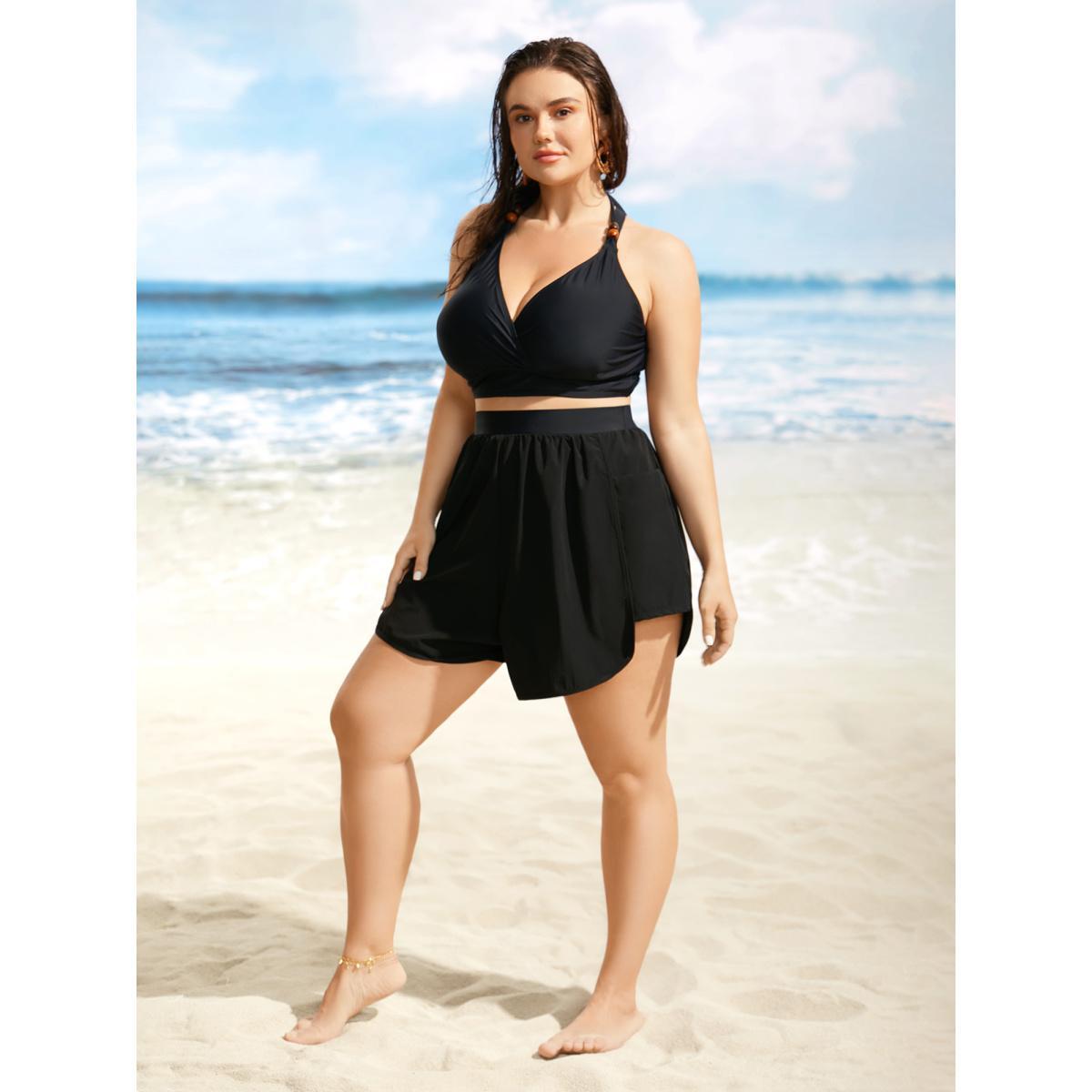 Plus Size Solid High Rise Side Seam Pocket Swim Bottom Women's Swimwear Black Beach Non High stretch Wide Leg High Rise Side seam pocket Curve Swim Bottoms BloomChic 12/L Product Image