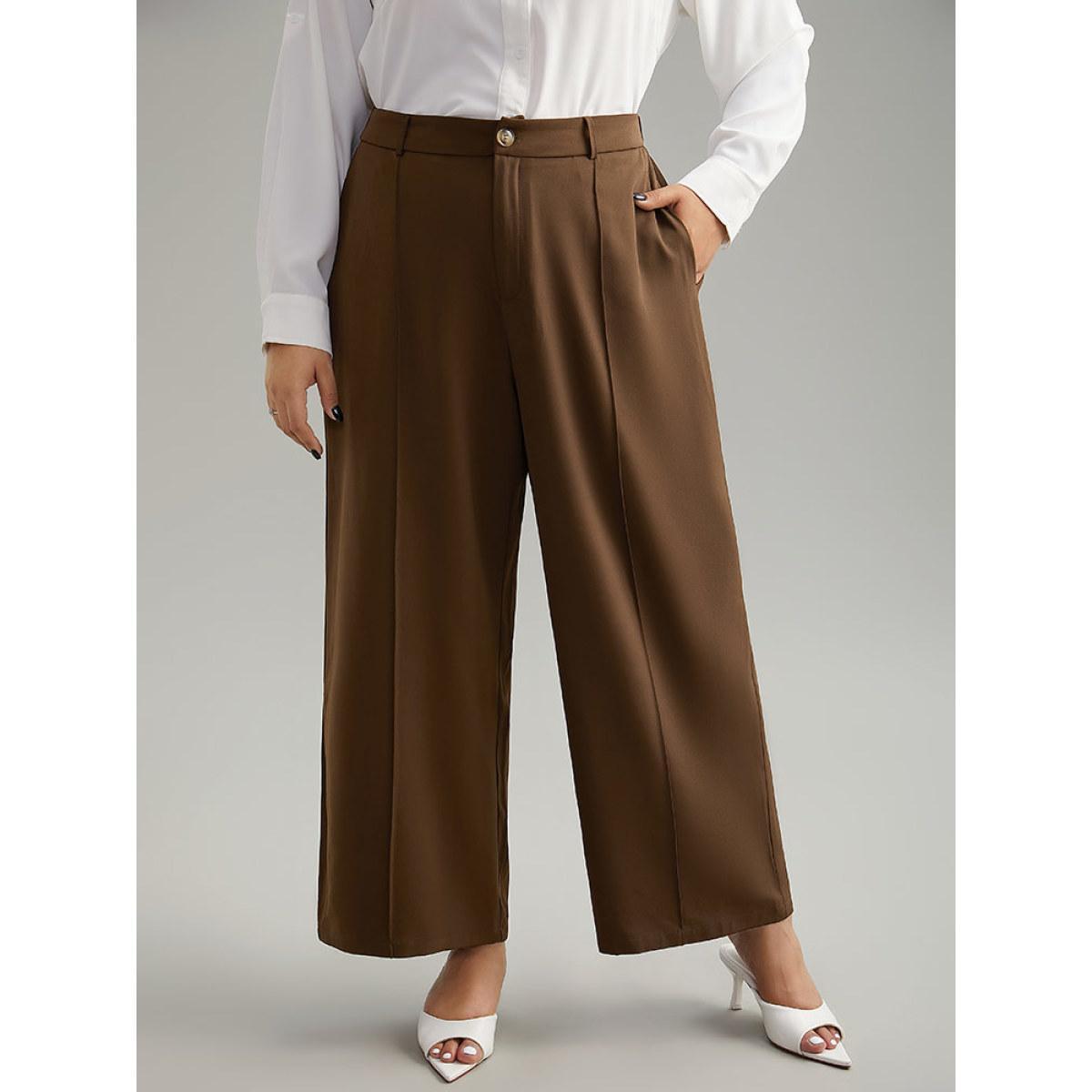 Plus Size Static-Free Plain Pocket Pleated Pants Women DarkBrown Office Straight Leg High Rise Work Pants BloomChic 10/M Product Image