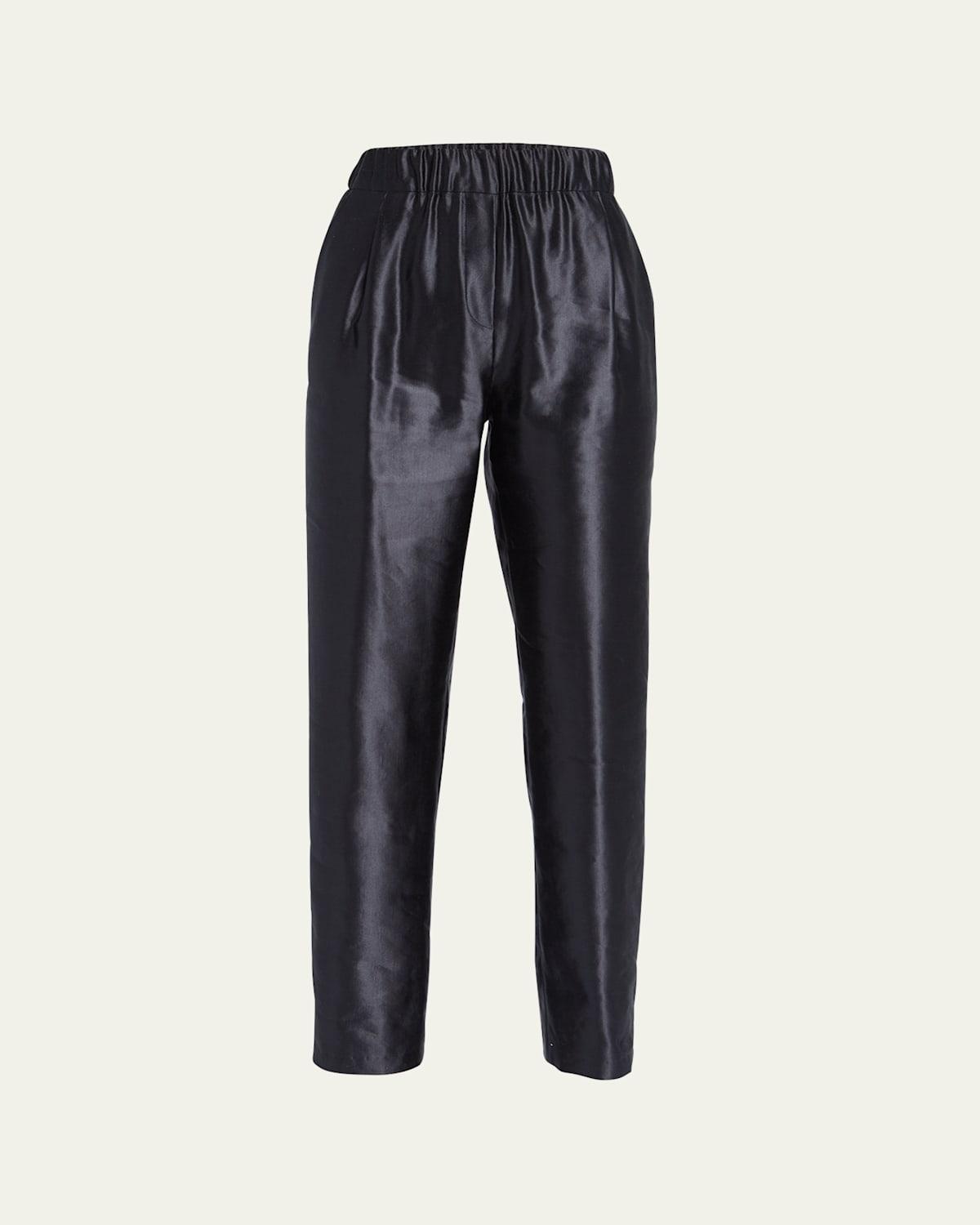 Metallic Linen-Silk Straight-Leg Pull-On Trousers Product Image