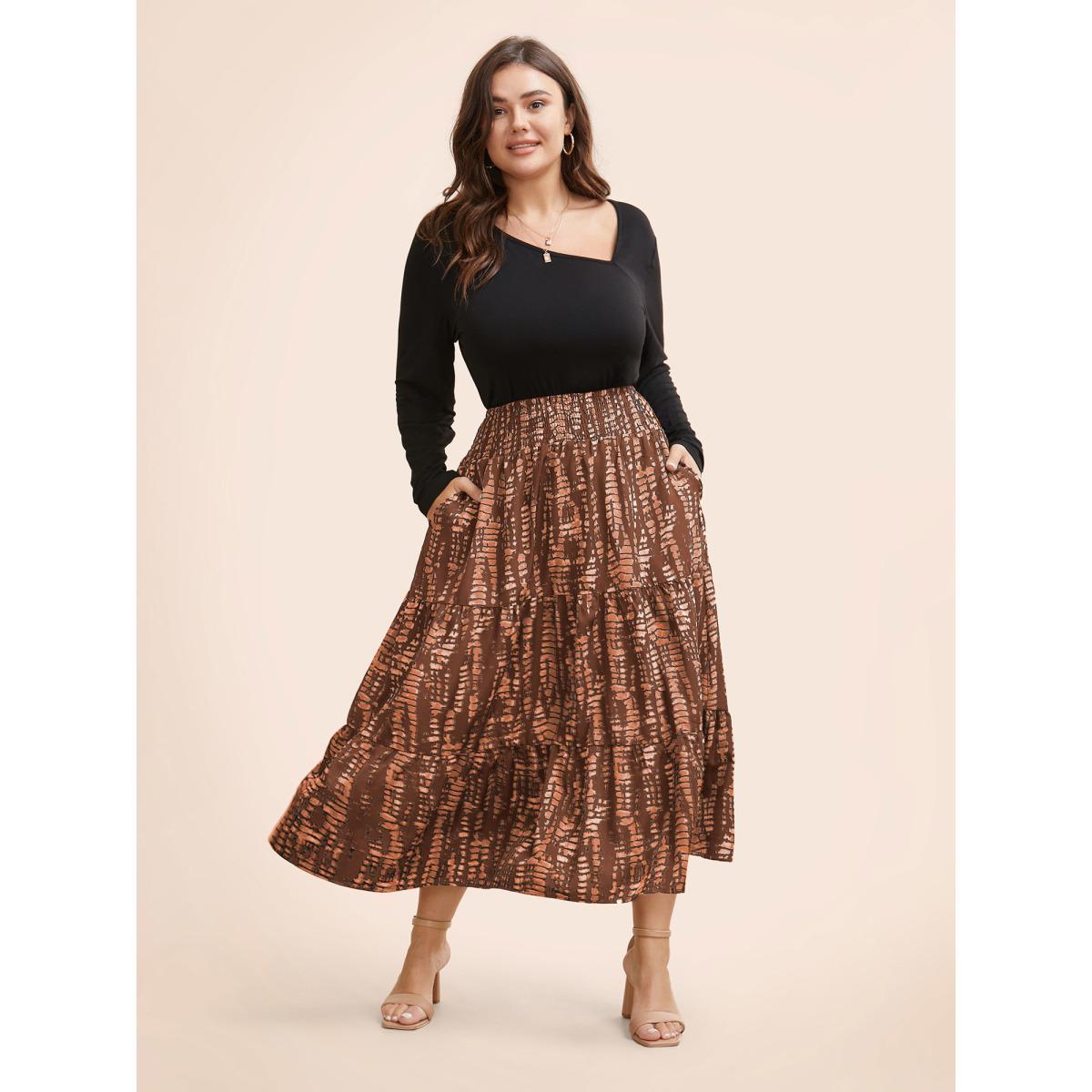 Plus Size Geometric Shirred Ruffle Layered Hem Skirt Women Browncoffeecolor Casual Shirred No stretch Slanted pocket Everyday Skirts BloomChic 10/M Product Image