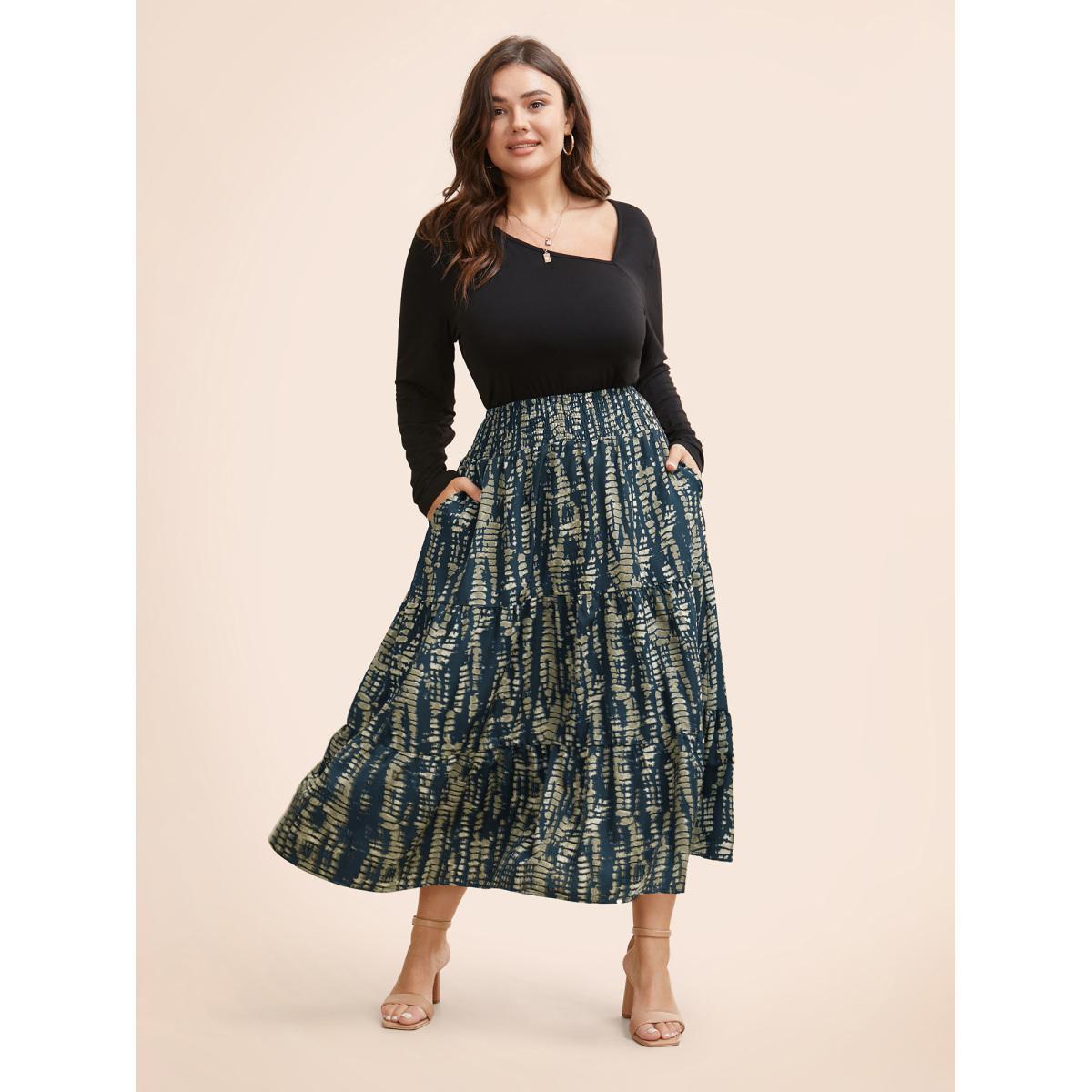 Plus Size Geometric Shirred Ruffle Layered Hem Skirt Women Indigo Casual Shirred No stretch Slanted pocket Everyday Skirts BloomChic 10/M Product Image