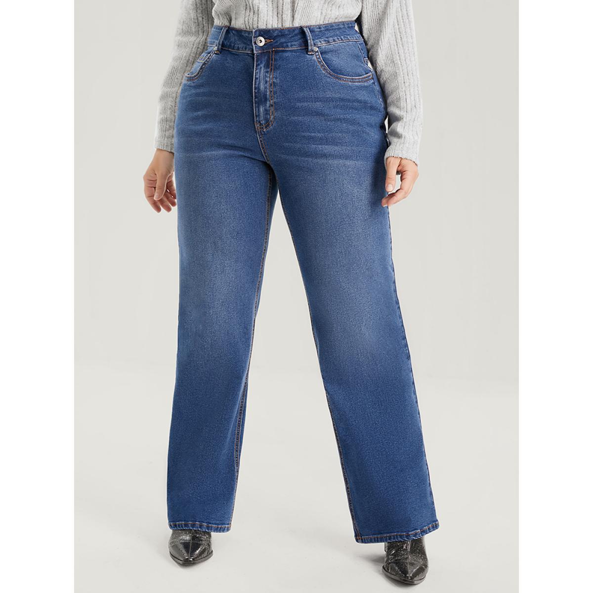 Plus Size Straight Moderately Stretchy High Rise Dark Wash Sculpt Waist Jeans Women DarkBlue Casual Plain Medium stretch Pocket Jeans BloomChic 26/4X Product Image