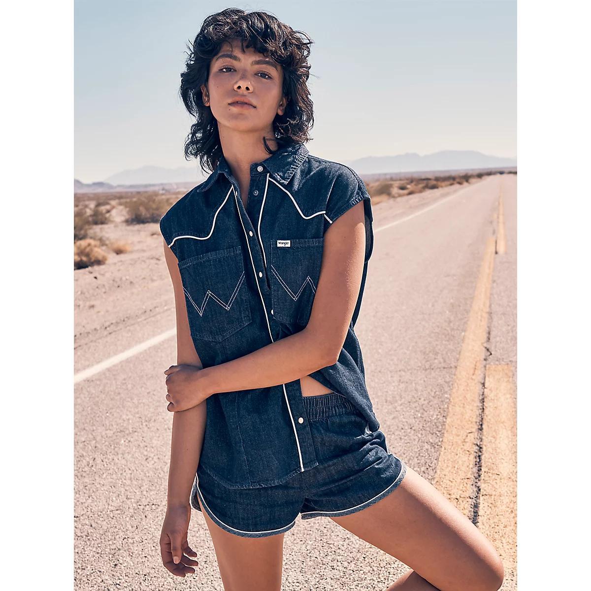Women's Sleeveless Denim Shirt in Saddle Product Image