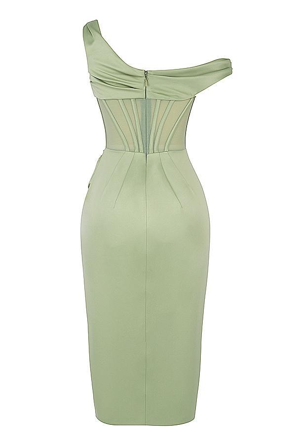 Lulu Pistachio Asymmetric Drape Midi Corset Dress Product Image